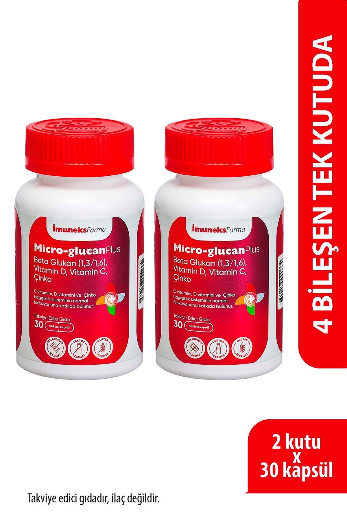 Imuneks Farma Mikro-glucan Plus Beta Glukan (1,3/1,6) Vitamin D,c,çinko İçeren Takviye Edici Gıda 30 Kapsül X2 Ad