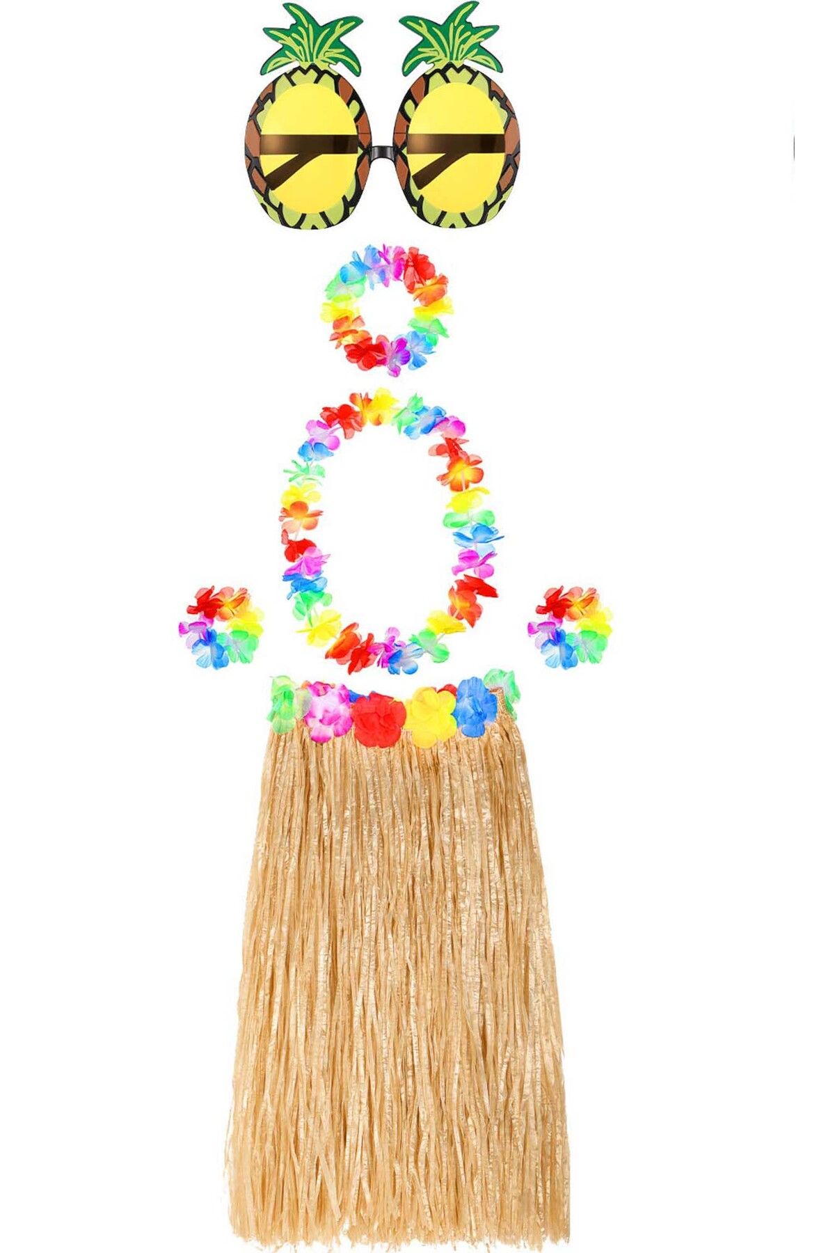 TTT Hawaii Parti Kostüm Seti - 60 cm Hasır Etek, Çiçekli Aksesuarlar ve Ananas Gözlük