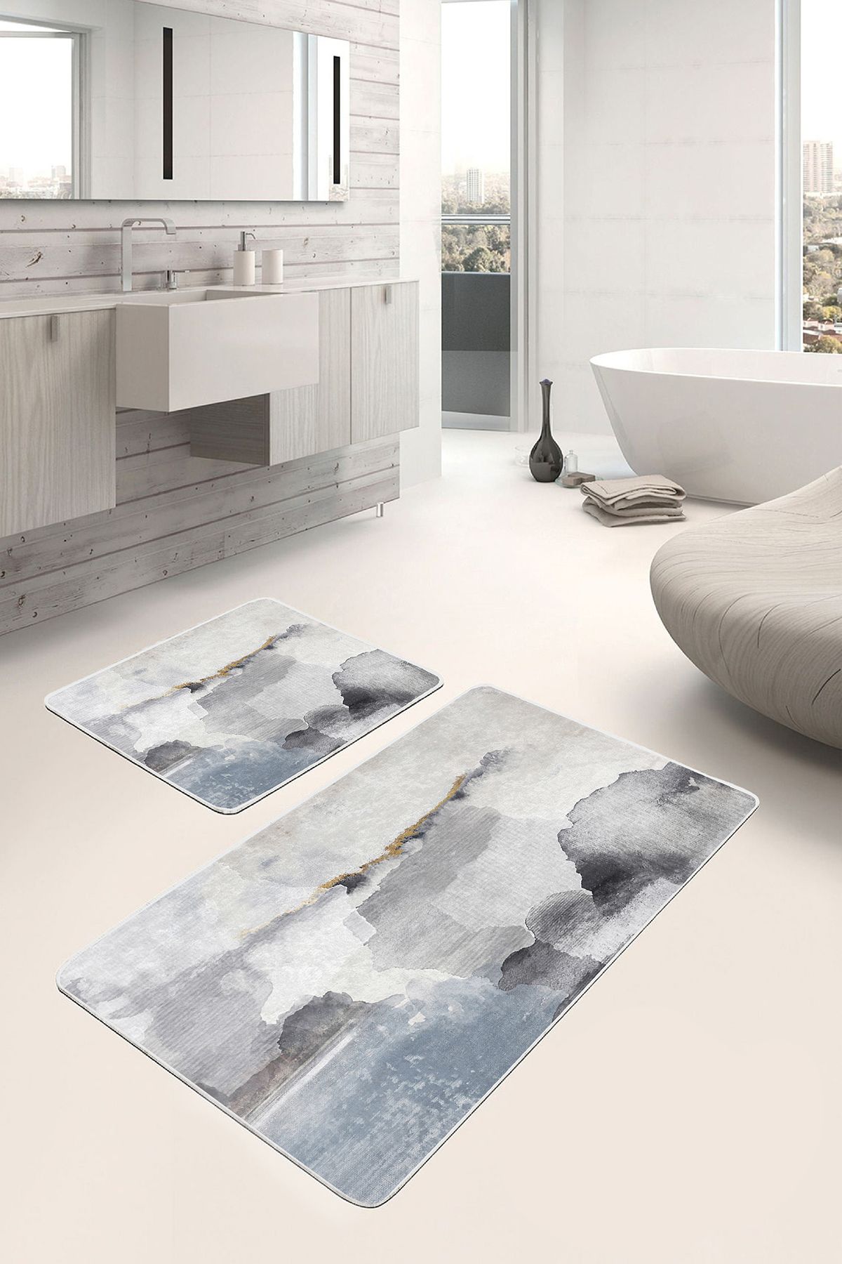Realhomes Mavi - Gri Zeminde Kanvas Motifli Duvar Sade & Şık Eskitme Motifli 2'li Banyo & Mutfak Paspas Takımı
