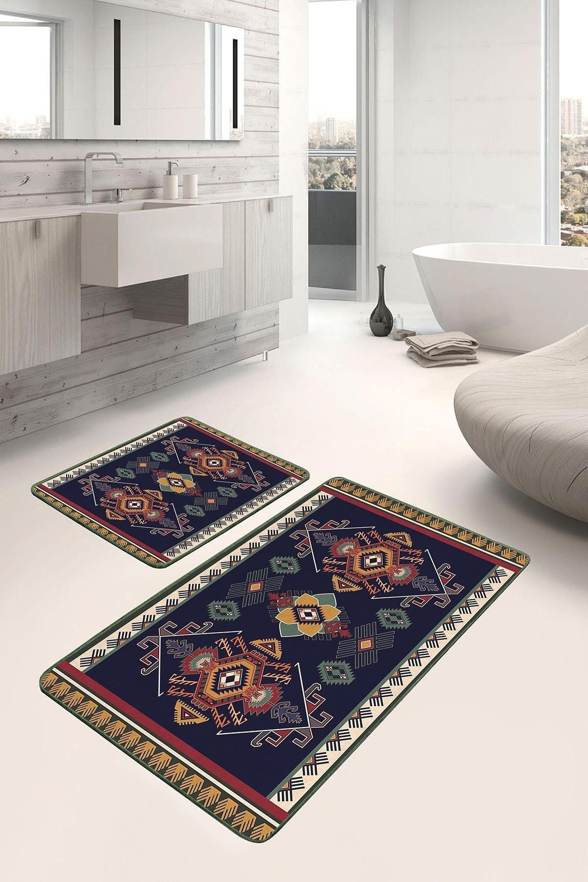 Realhomes Lacivert Zeminde Yöresel Motifli Dokuma Etnik Motifler Avangarde 2'li Banyo & Mutfak Paspas Takımı