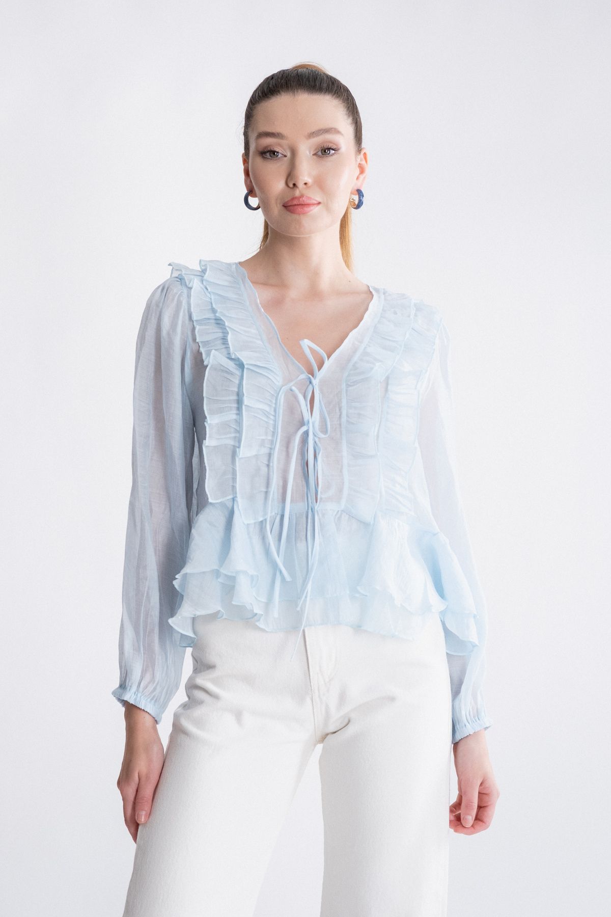 SEPANU COLLECTION Kadın Mavi Fırfırlı Bohem Bluz