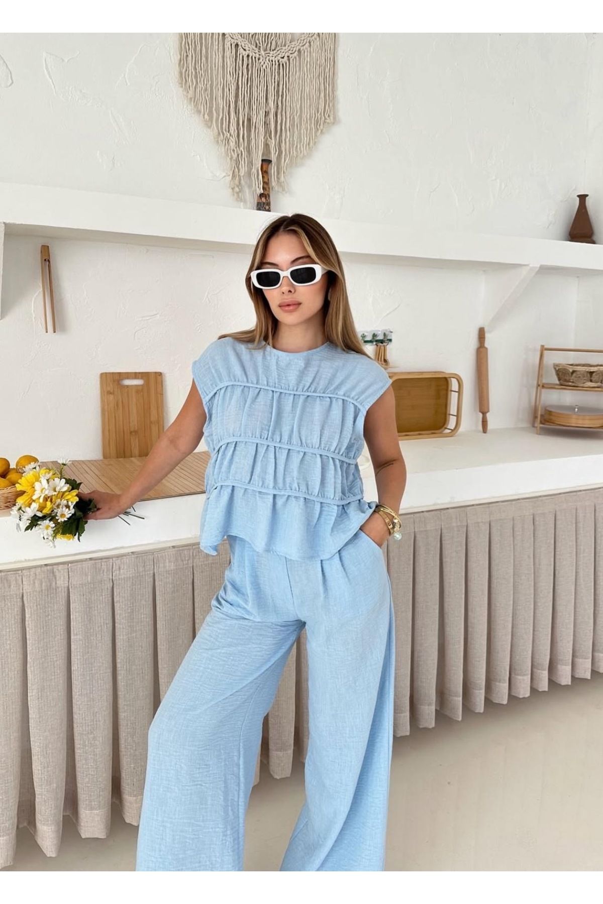 Ekim Store Biyeli Lastikli Bluz Pantolon Takım