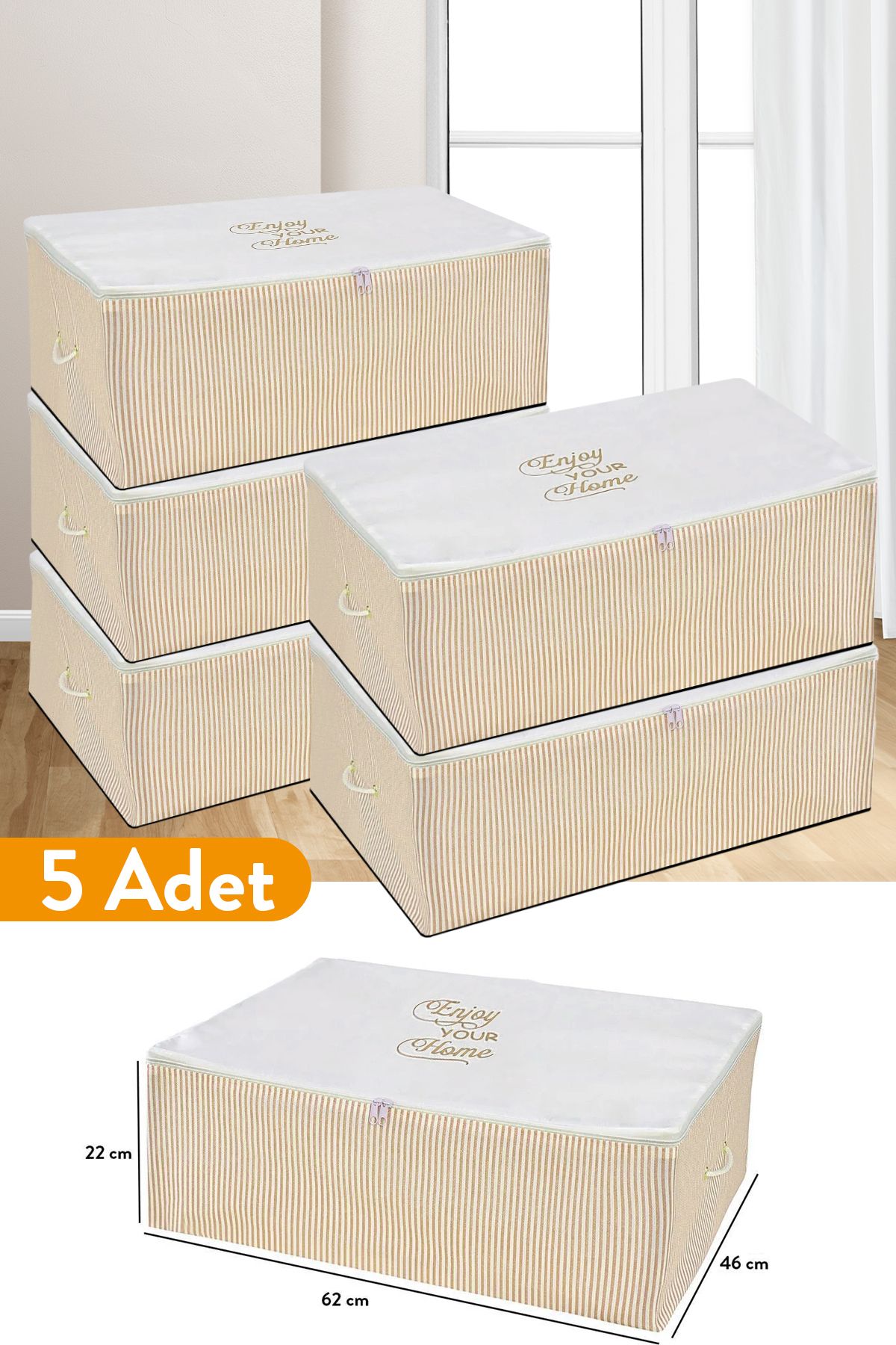 teknotrust 5 Adet Büyük Boy Bej Çizgili Baza Altı Hurç 62x46x22 cm