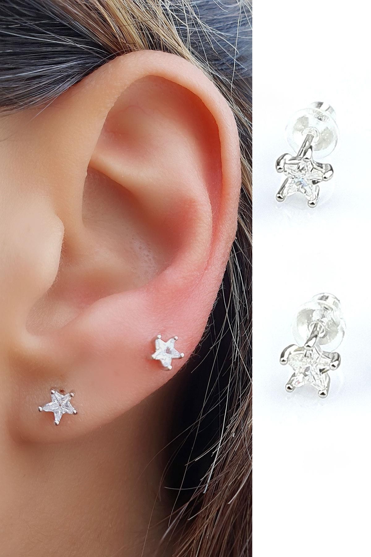 OSESHOP Yıldız Şeklinde Zirkon Taşlı 925 ayar Gümüş Tek Taş Küpe