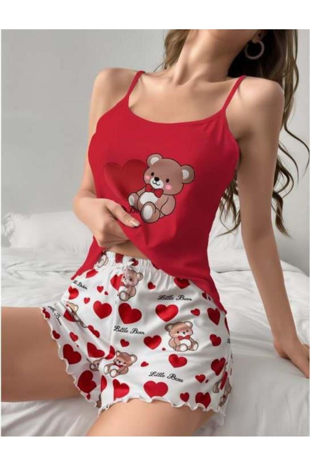civetta Kalpli Ayıcık Desenli Askılı Şortlu Pijama Takımı