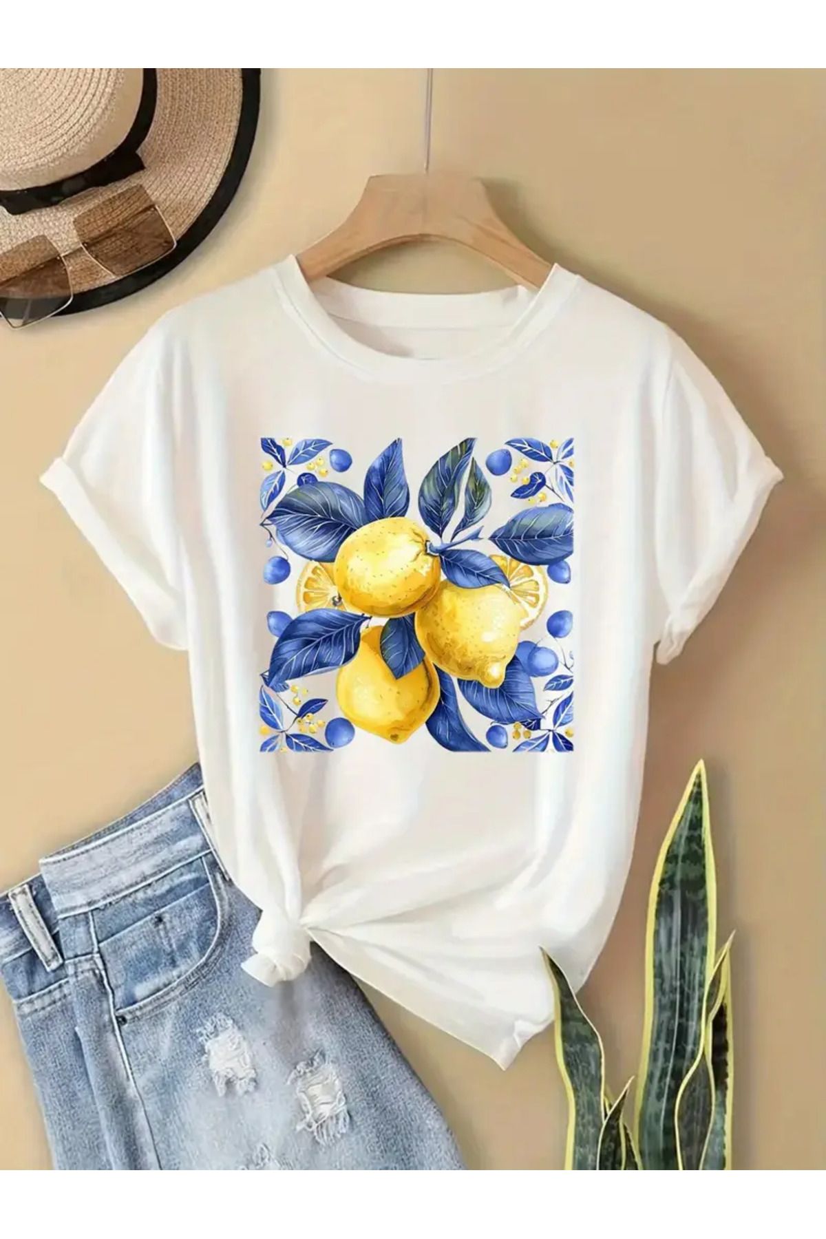CLASİVA lımon baskılı Baskılı Oversize Bisiklet Yaka T-shirt