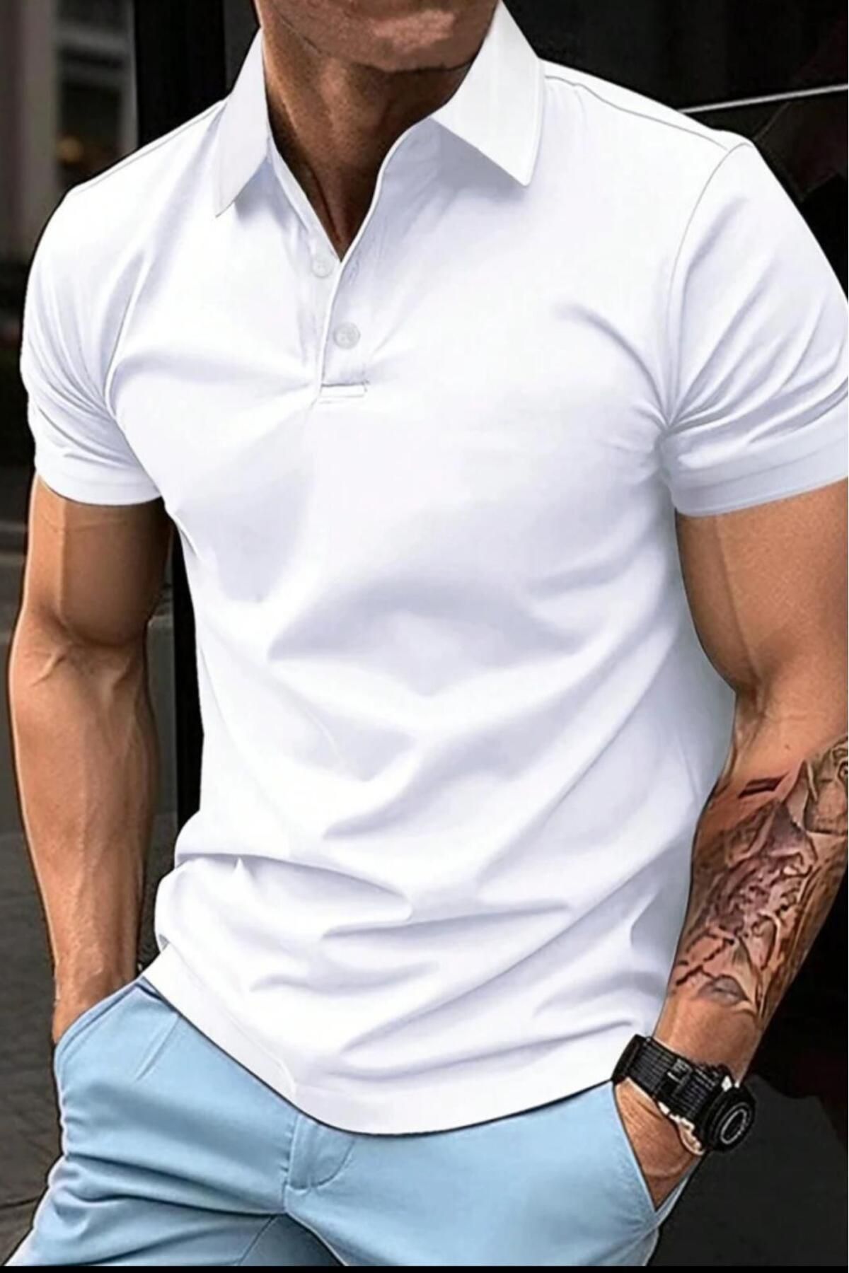NO 601 Erkek Beyaz Slim Fit Polo Yaka Tshirt