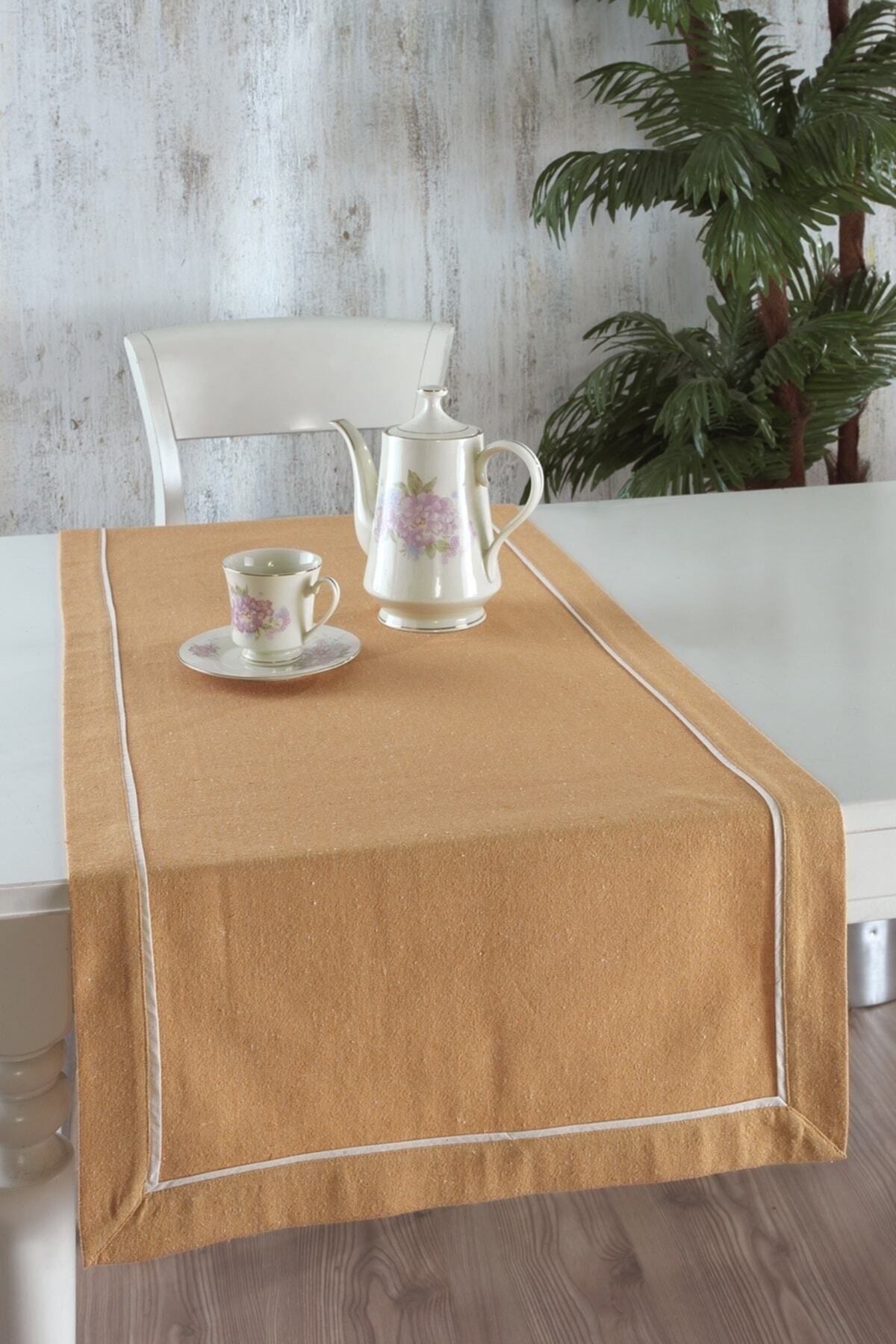 Elioure Hardal Buldan Kumaşı Biyeli Runner 50x130 Cm, şık ve doğal dekorasyon için ideal.