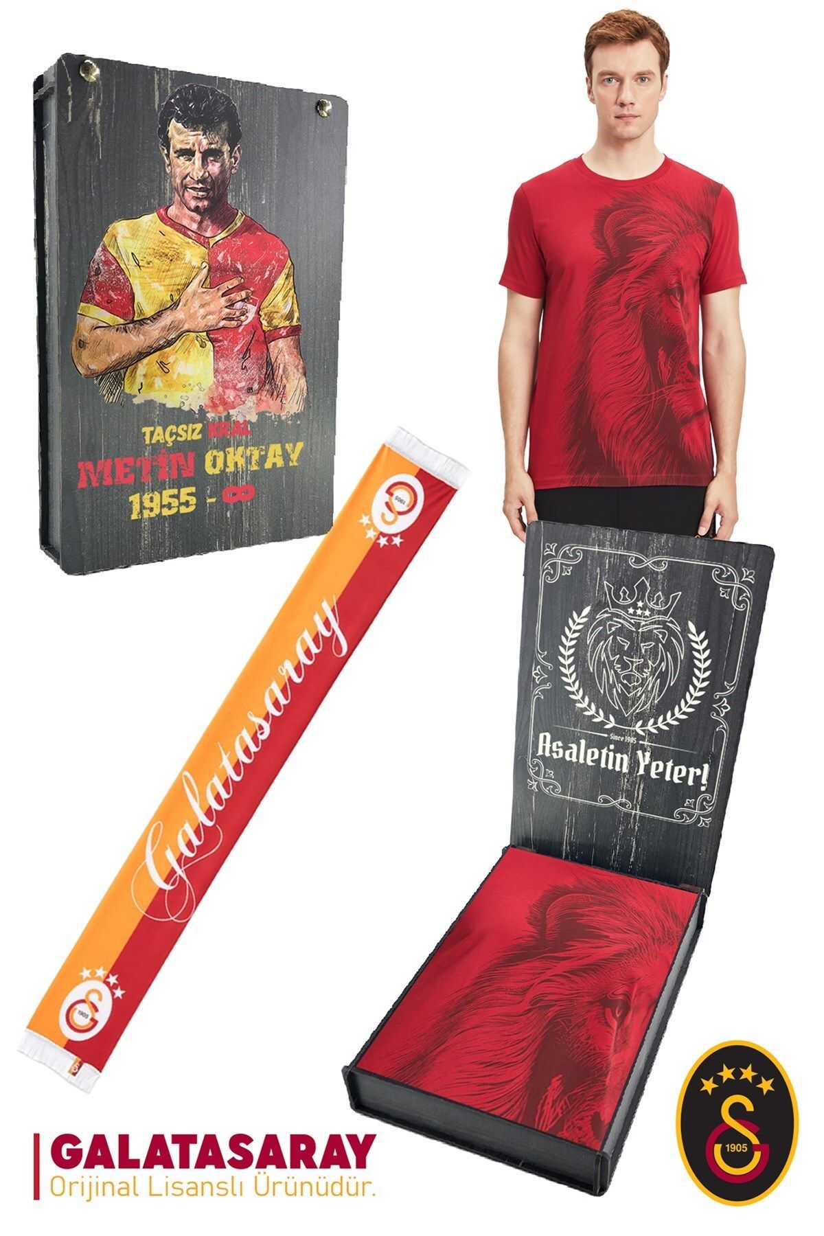 Galatasaray Orijinal Lisanslı Aslan Baskılı T-Shirt + Şal Kaşkol Set Hediyelik Ahşap Kutulu
