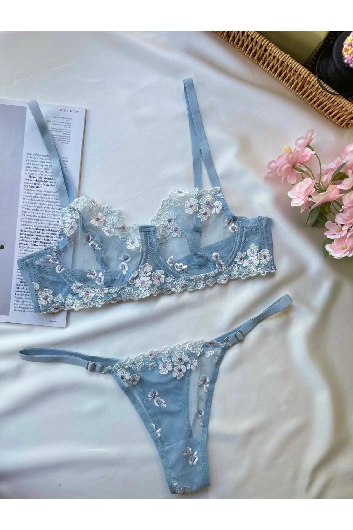 moda strling Elsa Çiçekli Balenli Dantel İç Çamaşır Takımı