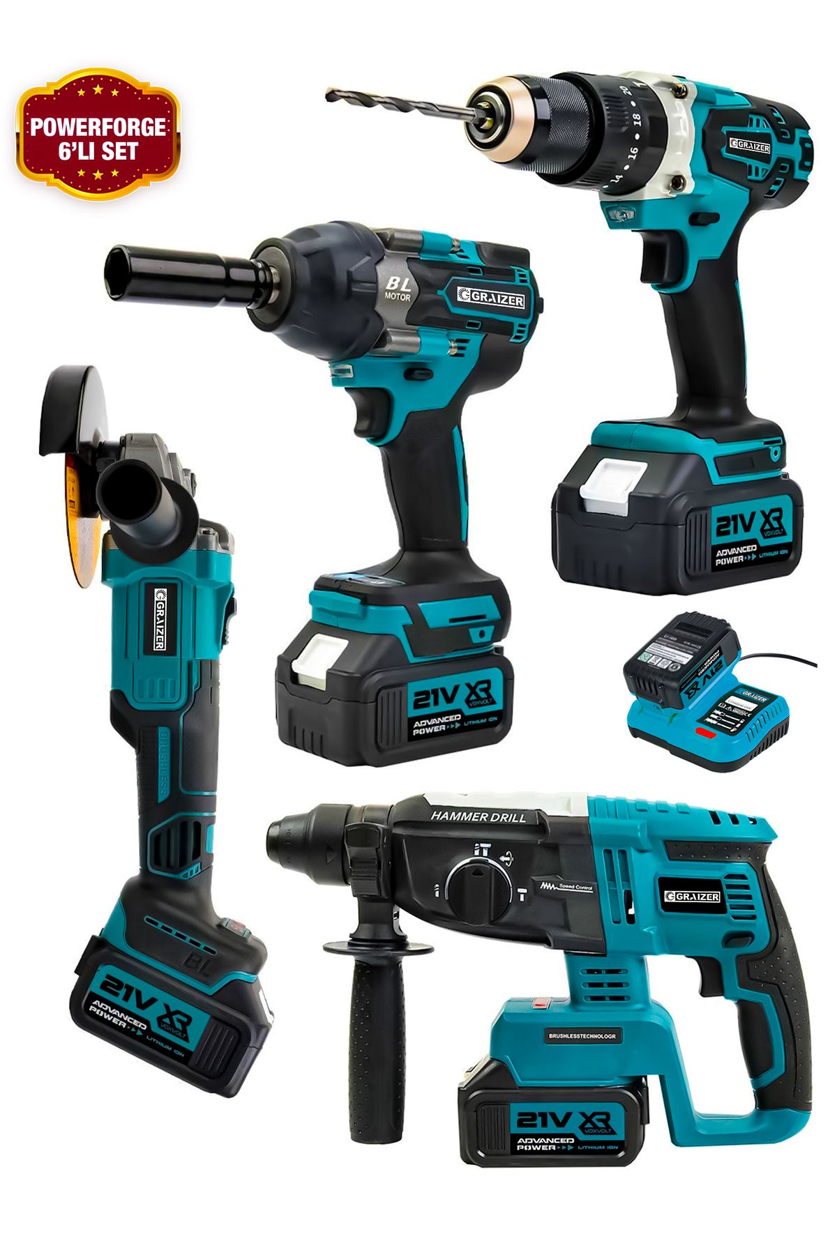 Graizer Powerforge 21v Akülü Matkap & Taşlama & Kırıcı Delici Hilti & Somun Sıkma Sökme 4'lü Set-Mavi