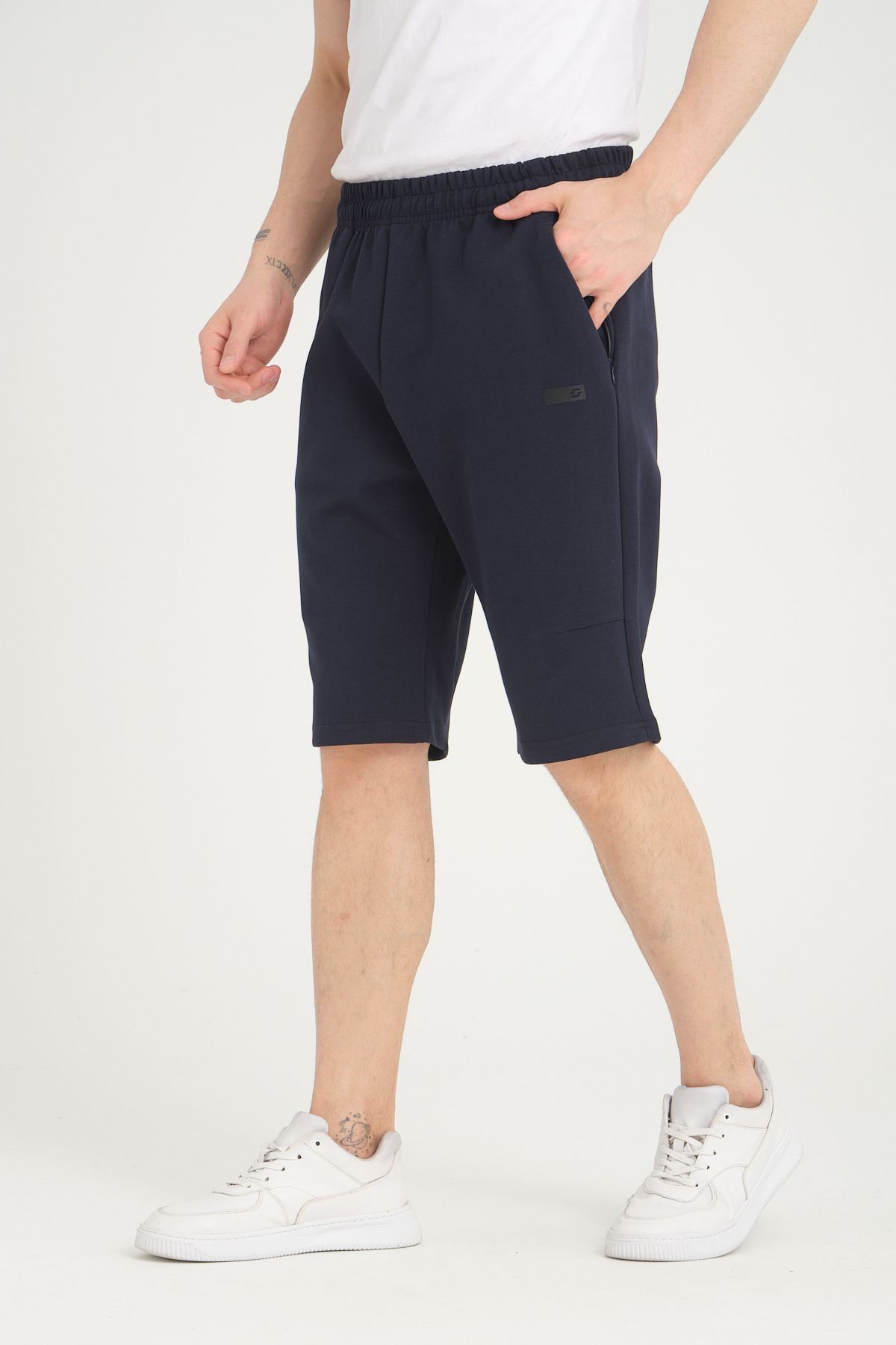 Shooter Sportswear Erkek Şort Lacivert Minimal Baskı Detaylı Gizli Fermuar Cep Regular Kalıp