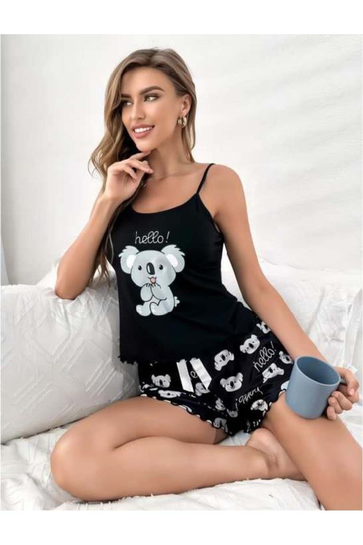civetta Kuala Desenli Askılı Şortlu Siyah Pijama Takımı