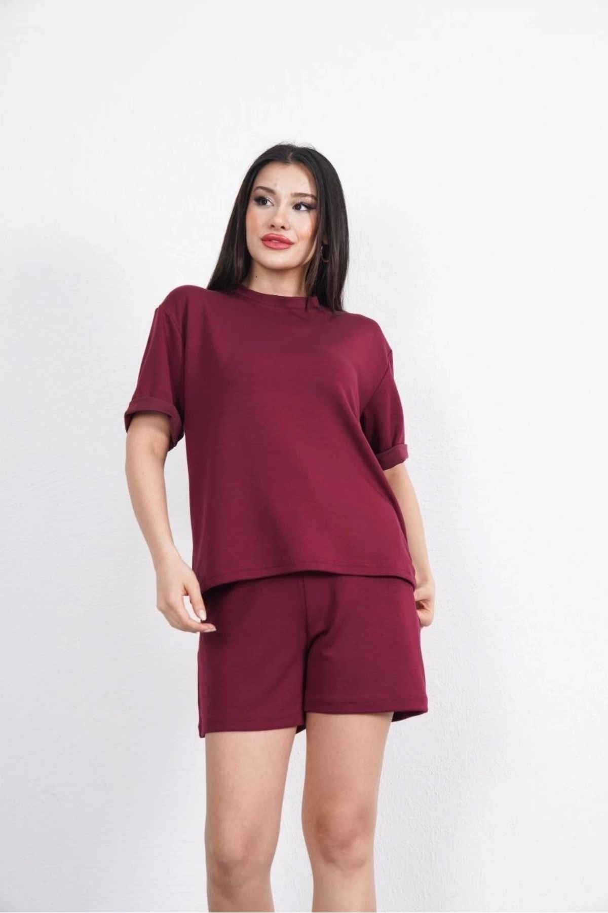 Tam12den Home Osy Modal yumuşak dokulu Kumaş Kadın Bisiklet Yaka T-shirt Kısa Şort İkili Takım - Bordo