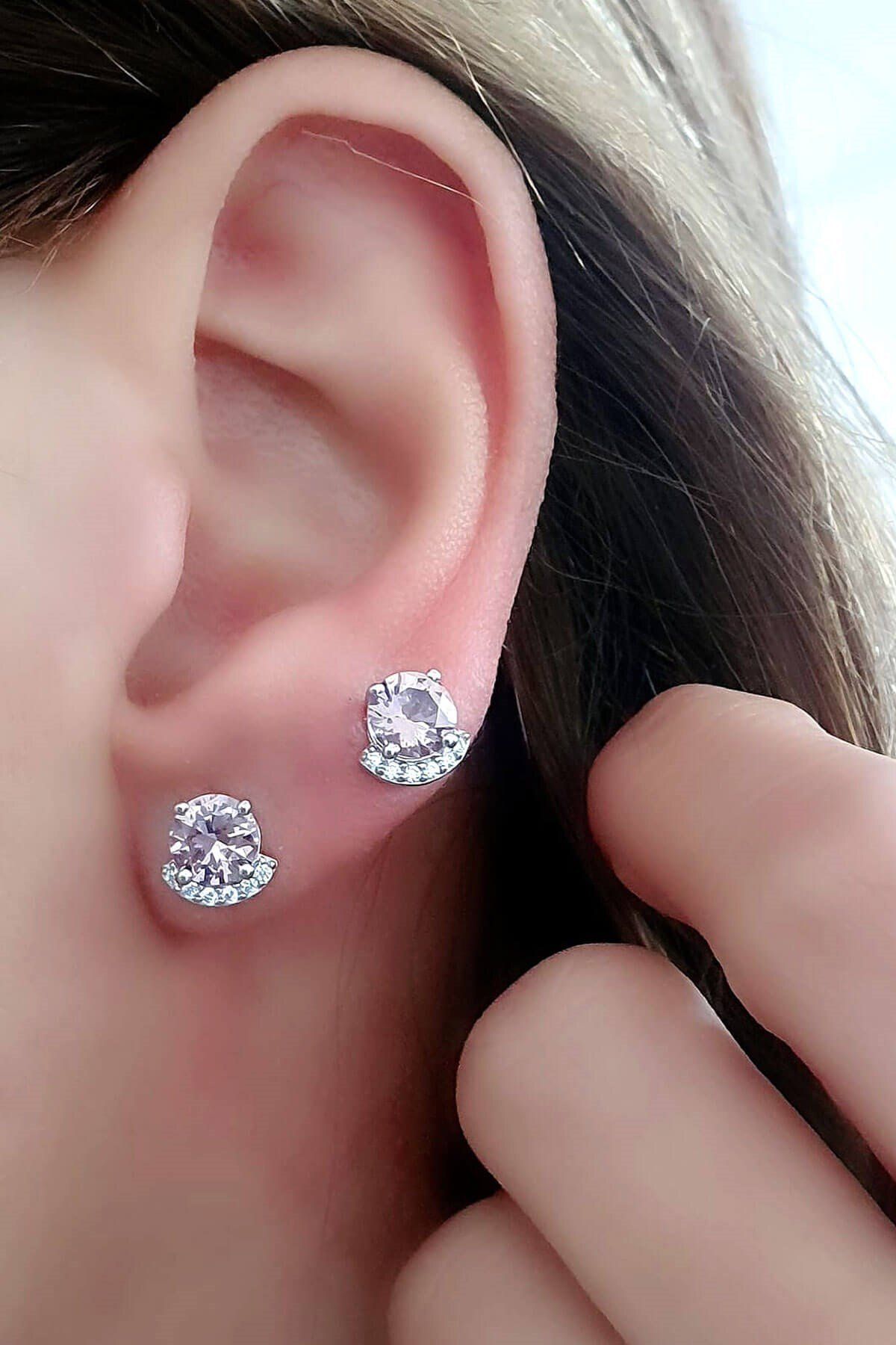 OSESHOP Doğal Morganit Taşlı 925 ayar Gümüş Tek Taş Küpe
