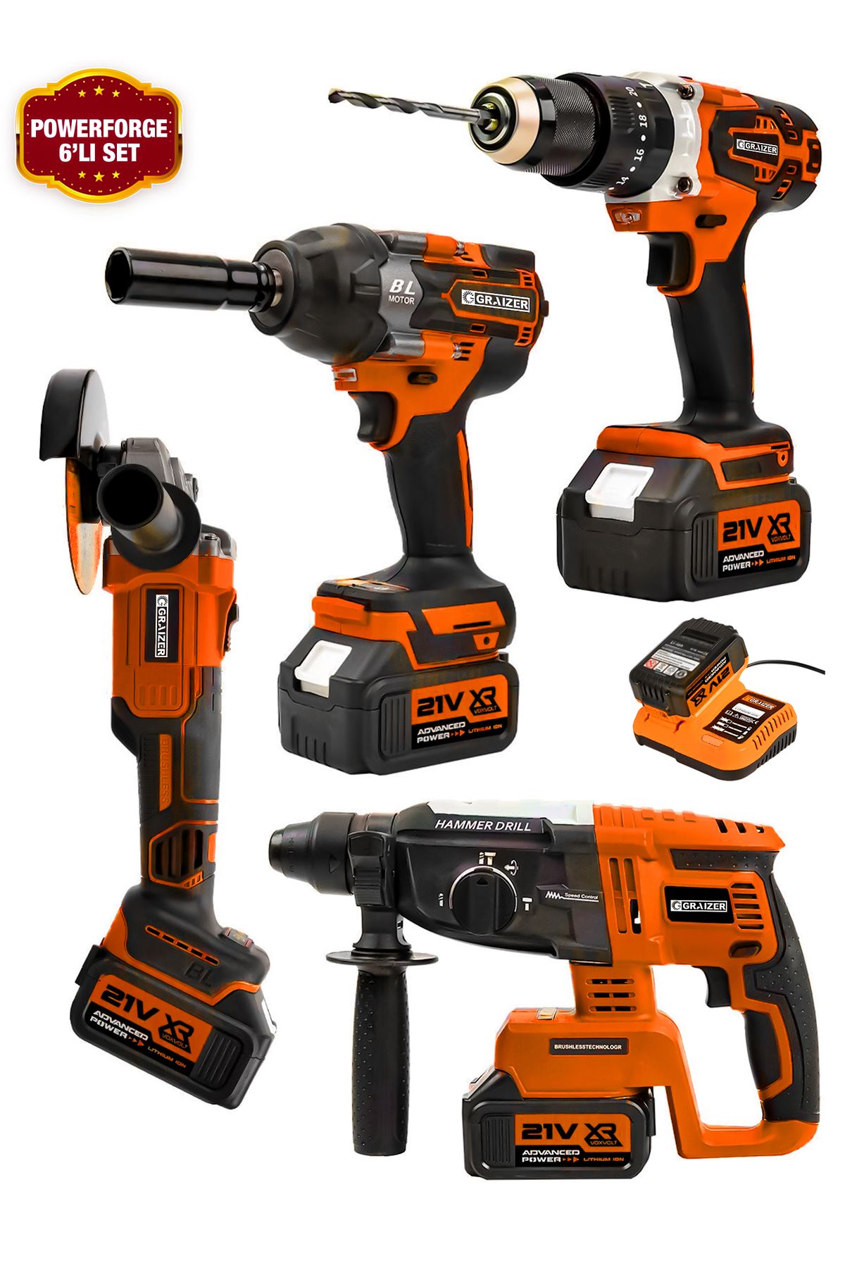 Graizer Powerforge 21v Akülü Matkap & Taşlama & Kırıcı Delici Hilti & Somun Sıkma Sökme 4'lü Set-Turuncu