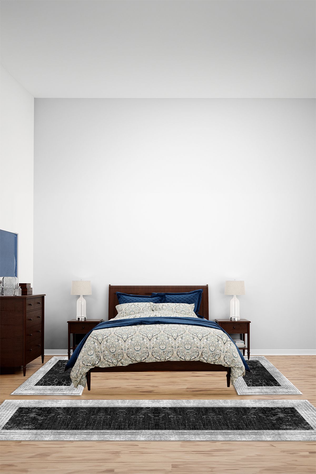 Viyana Home Dijital Kaymaz Yıkanabilir Çerçeveli Çizgi Üçlü Yatak Odası Takım Halısı, YO-ÇERÇEVELİ-185-GRİ,