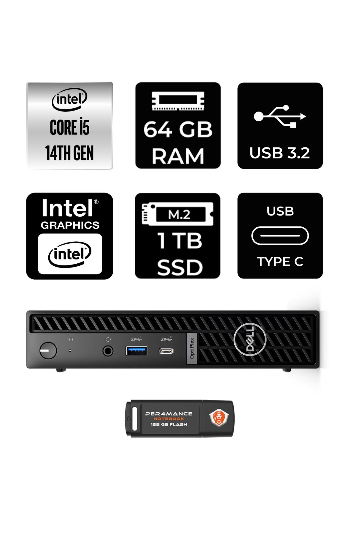 Dell OptiPlex 7020MFF i5-14500T 64GB 1TB SSD W11P Mini Masaüstü Bilgisayar & PER4 USB Bellek