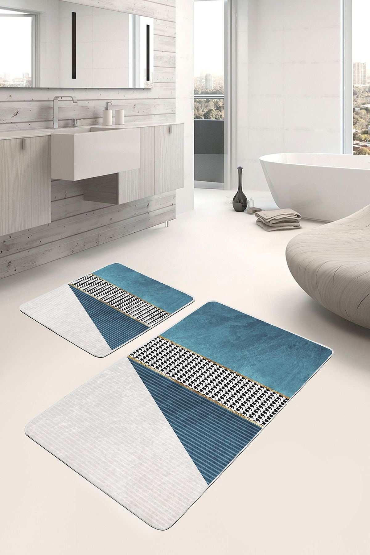 Realhomes 2'li Set Mavi Zeminde Kazayağı Motifli Geometrik Geometrik Sade & Şık 2'li Banyo Paspas Takımı