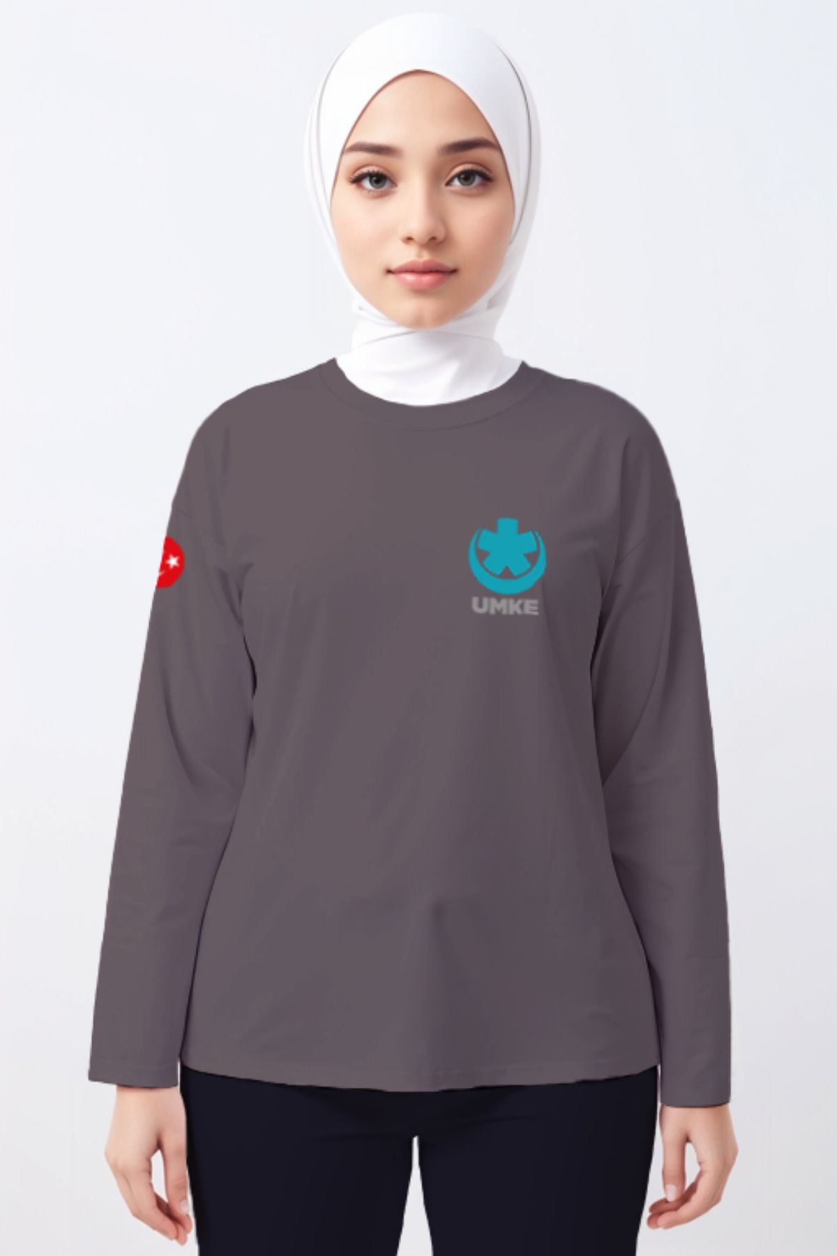 Pratik Medikal Gri UMKE Bisiklet Yaka Uzun Kollu Tişört Unisex