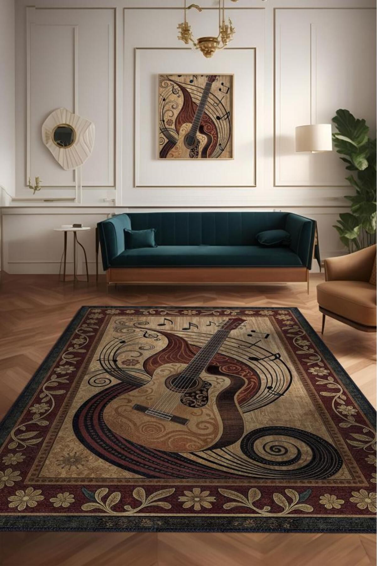 Homshtag Gitar Halısı,Pop Art Müzik Halısı Müzik Gitar Figürlü Kahve Renk Modern Halı,Müzik Halı