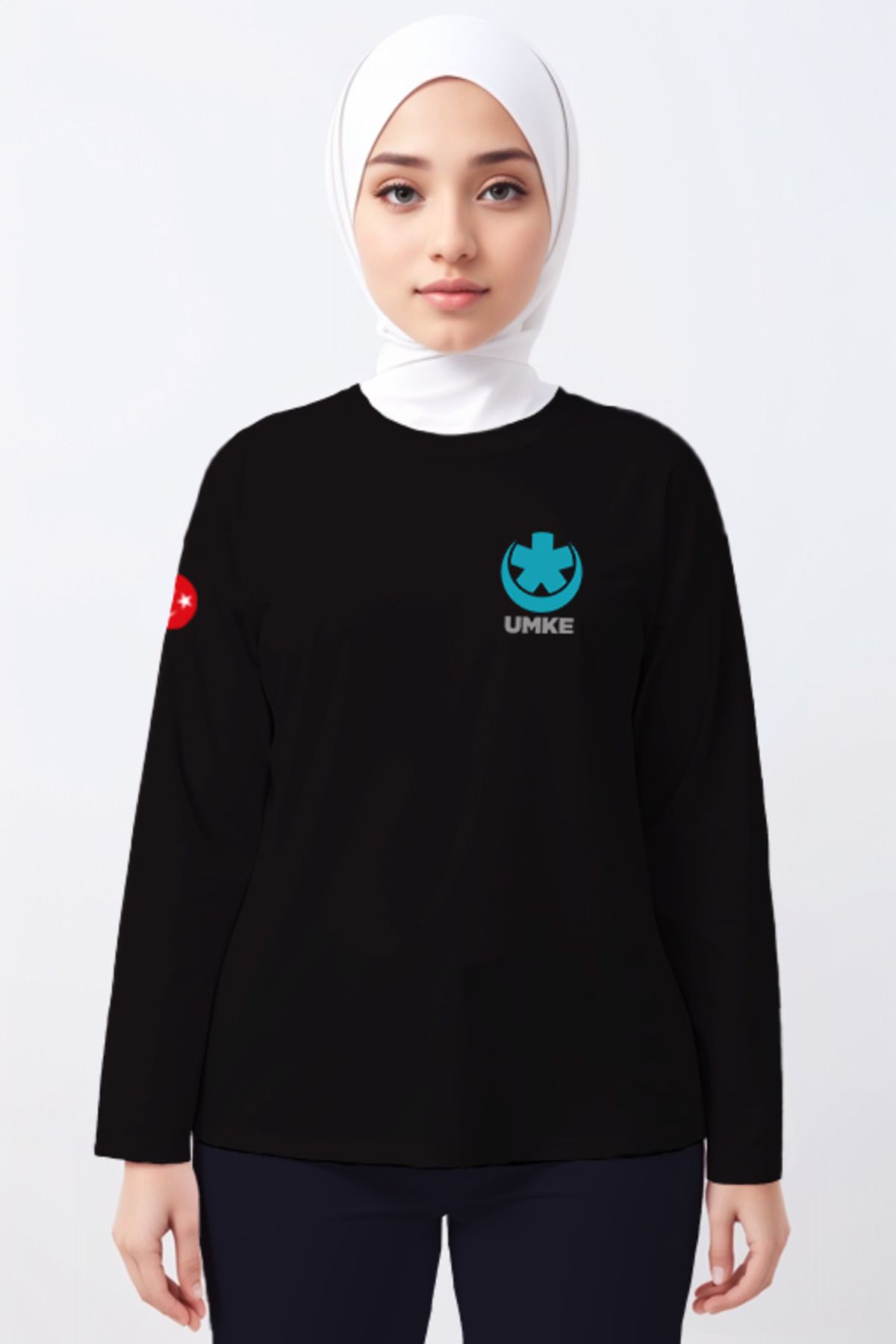 Pratik Medikal Siyah UMKE Bisiklet Yaka Uzun Kollu Tişört Unisex