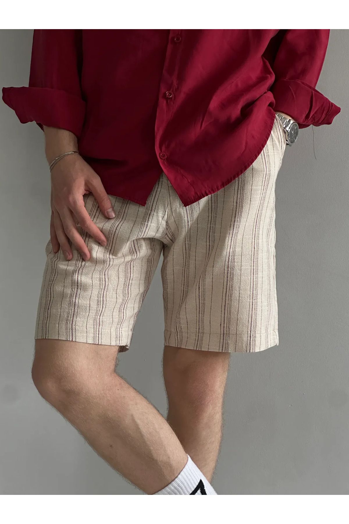 MENOFOURSWEAR Bordo Çizgili Keten Şort