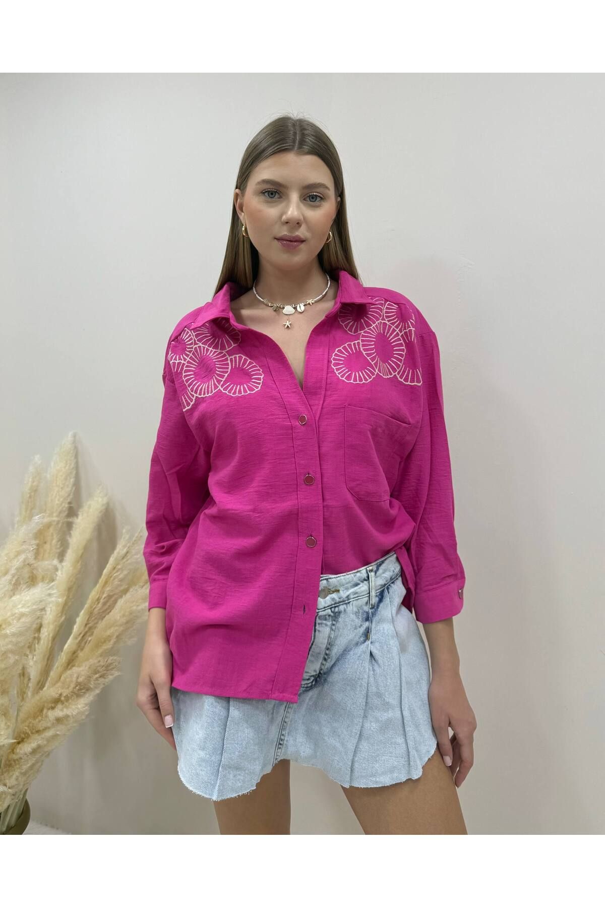 AsprinFashion NATURE NAKIŞ GÖMLEK PEMBE