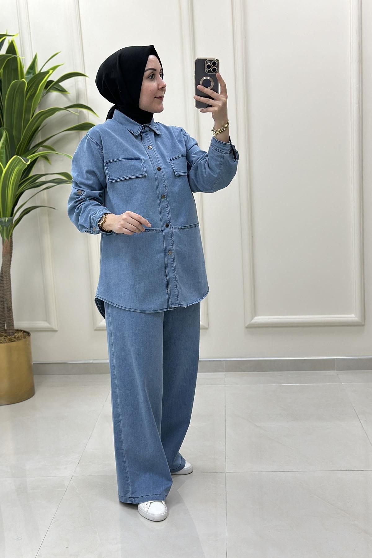 sff Önü Düğmeli Katlama Kol Tunik ve Pantolon Kadın Kot İkili Takım Mavi SFF 804