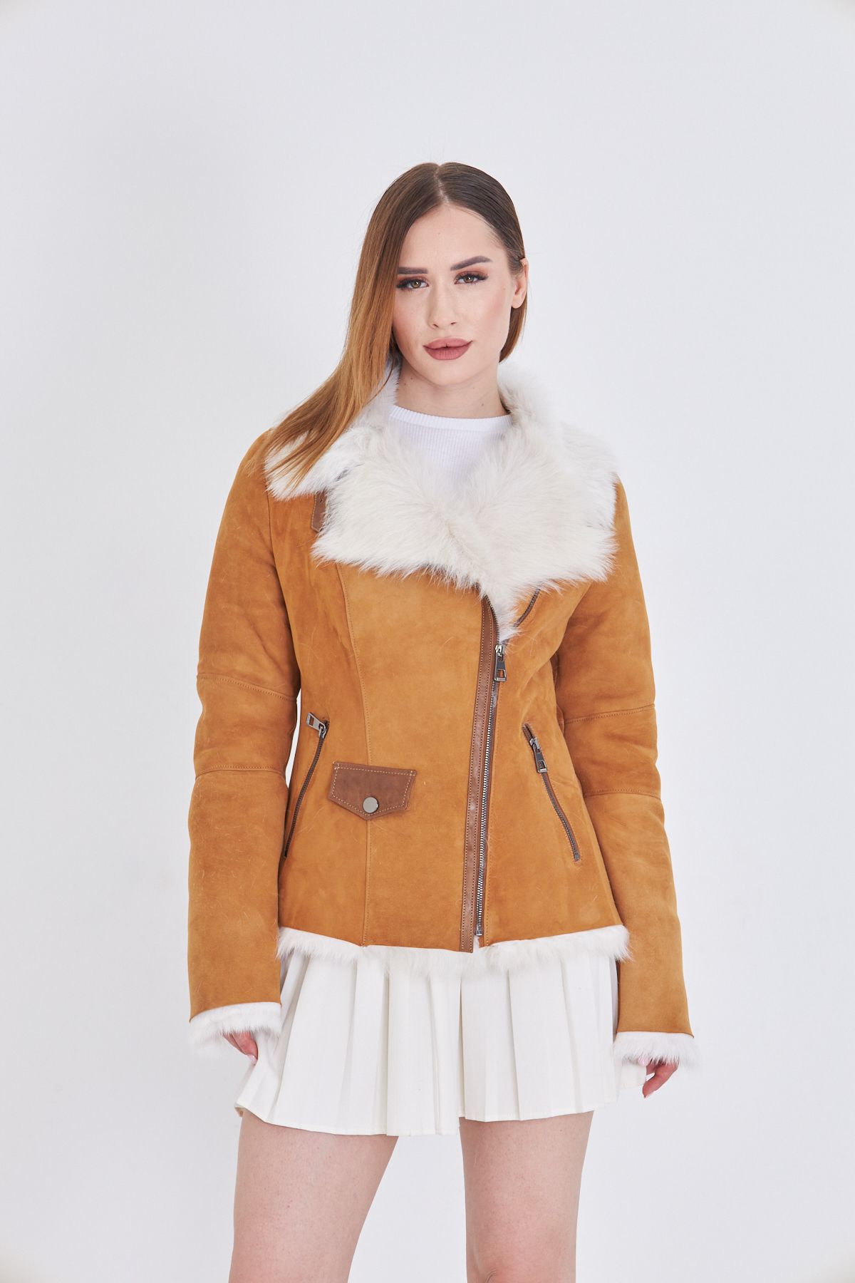 By Marki Marki Kadın Hakiki Süet Deri Toskana Kürk Mont – Taba, Fit Kesim, Fermuarlı, 63 cm, Kışlık - 112122