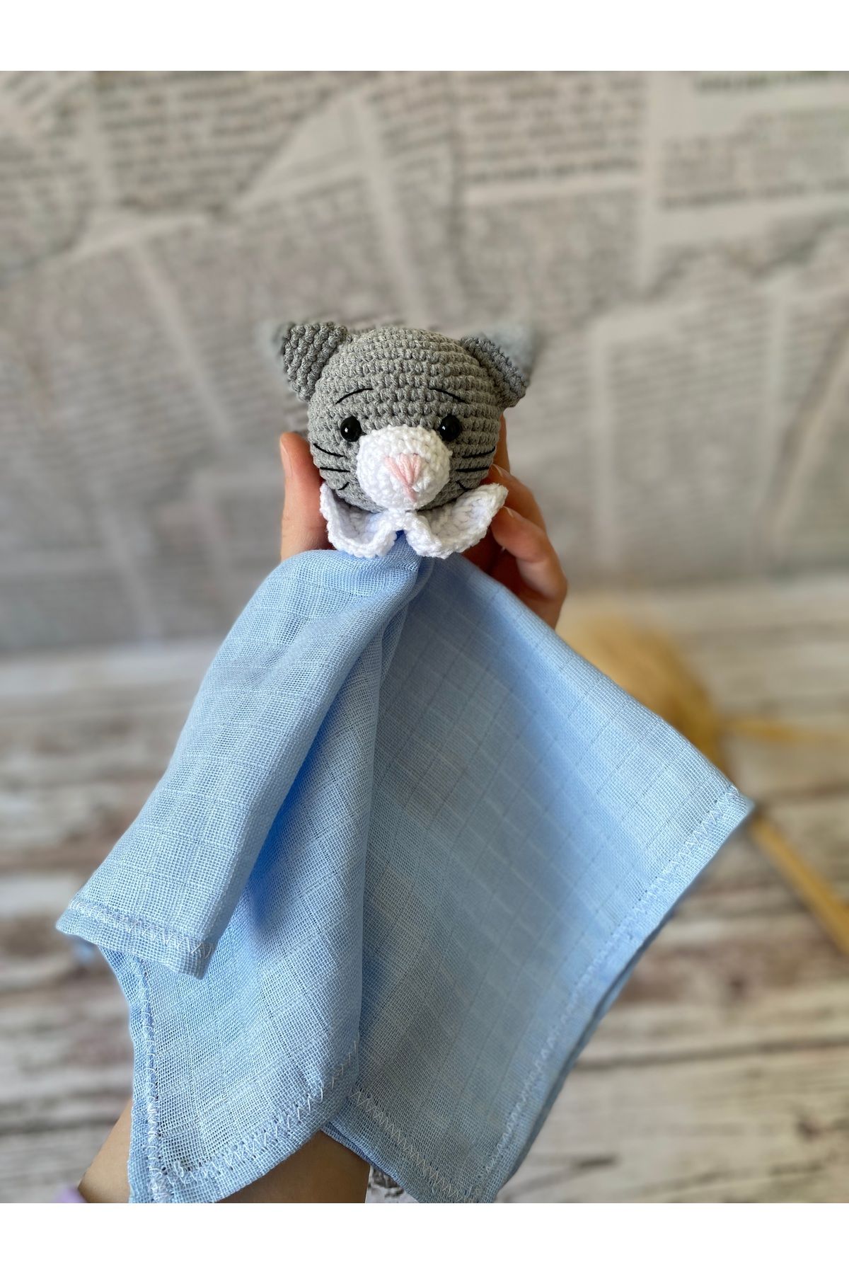 yucin El Örgüsü Kedi Figürlü Mavi Bebek Uyku Arkadaşı Battaniye – Amigurumi Güvenli Oyuncak