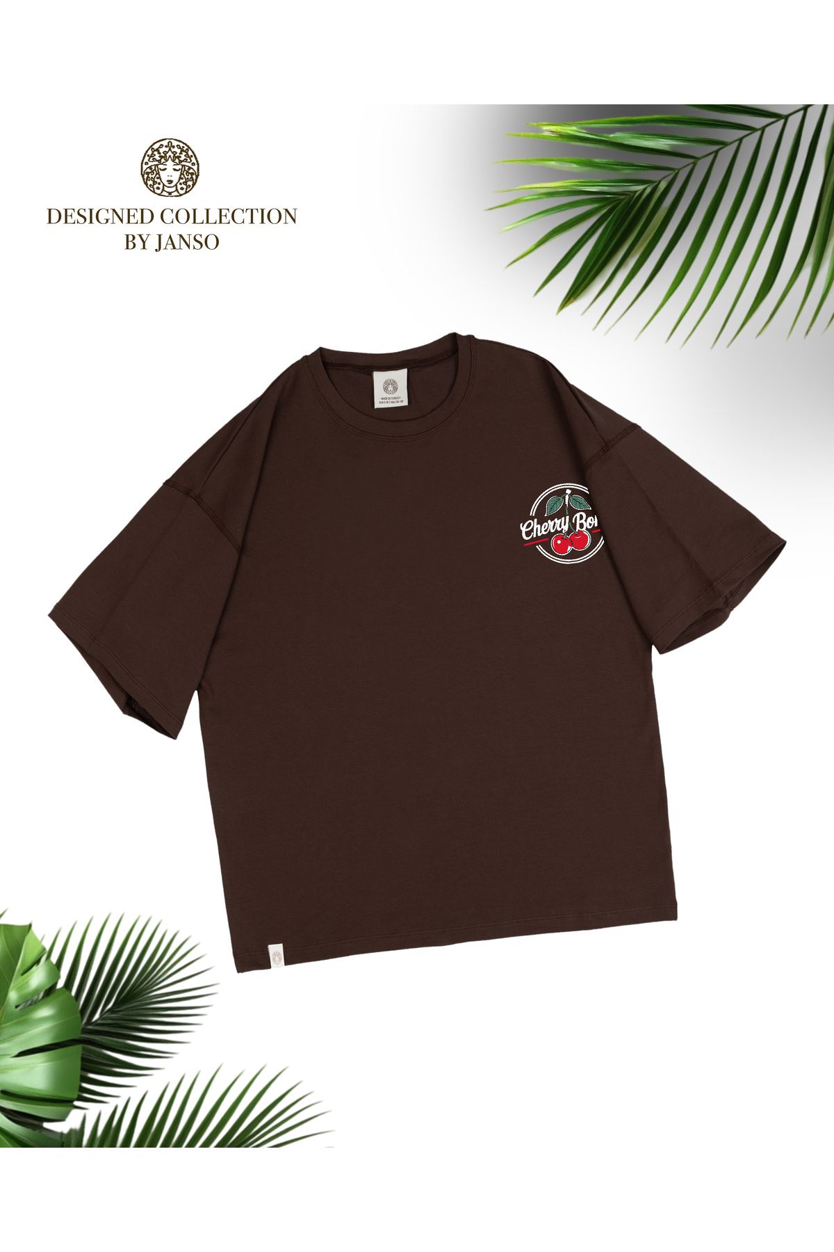 JANSO GROUP -Kadın PAMUKLU BASKLI Cherry Bor TSHIRT OVERSİZE BÜYÜK BEDEN