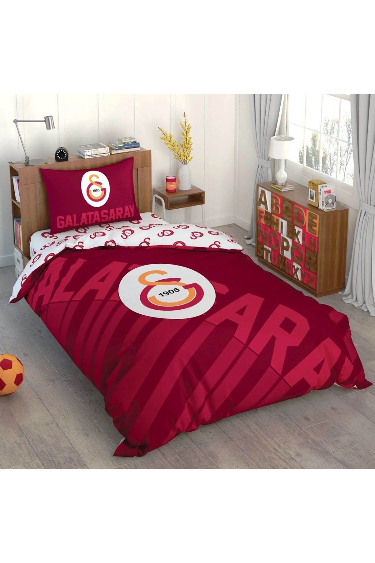 Taç Taç Taraftar Lisanslı Ranforce Çarşafı Lastikli Tek Kişilik Nevresim Takımı-Galatasaray Kırmızı Logo