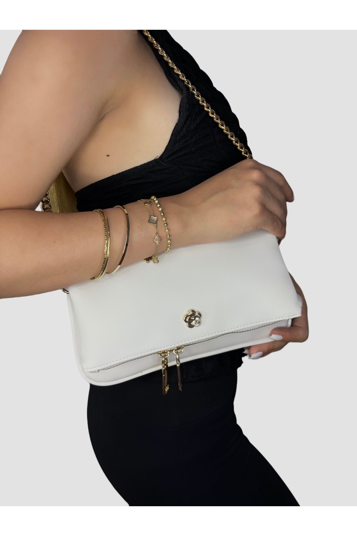 BK Bags & Accessories BEYAZ ZİNCİR ASKILI EL VE OMUZ KADIN ÇANTASI