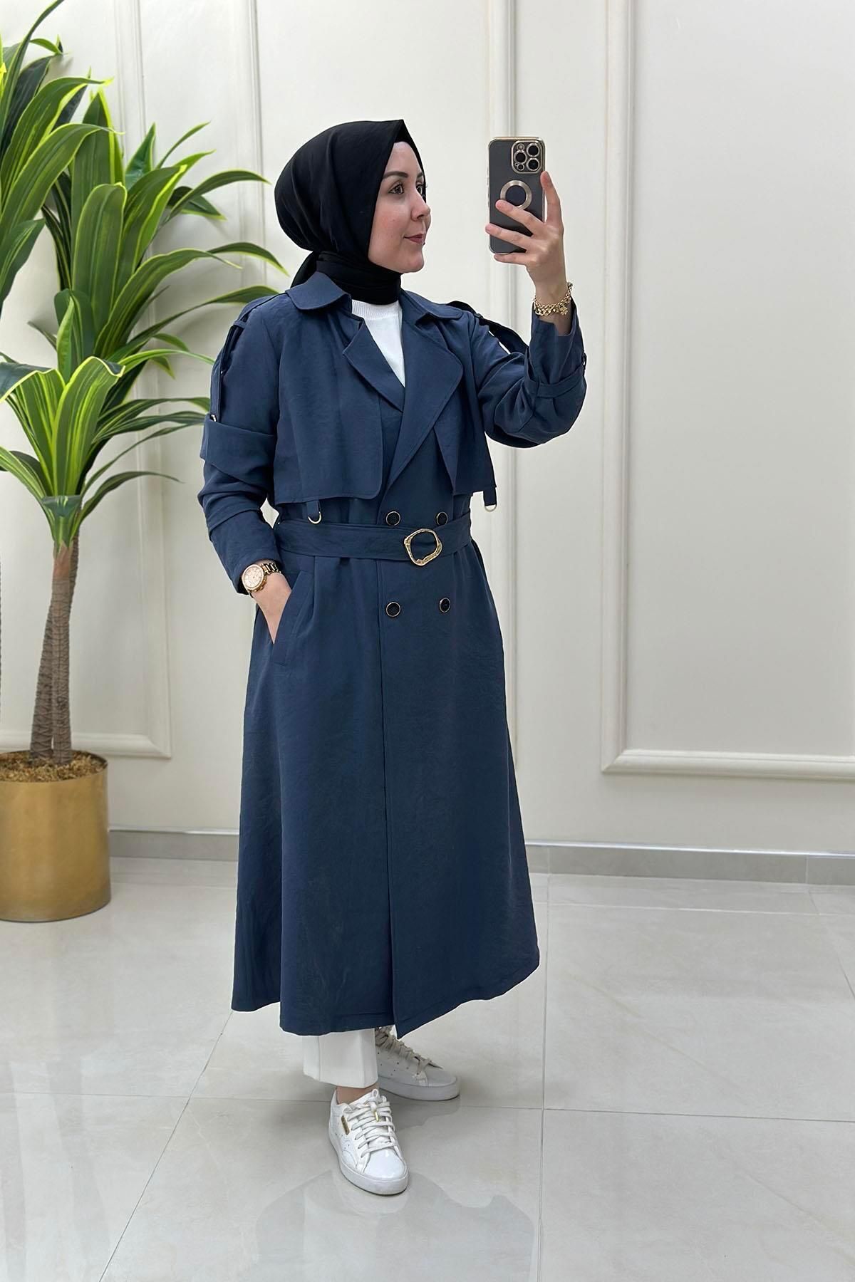 çınar özkan Önü Düğmeli Beli Kemerli Kadın Trench Kap İndigo CNR 2014