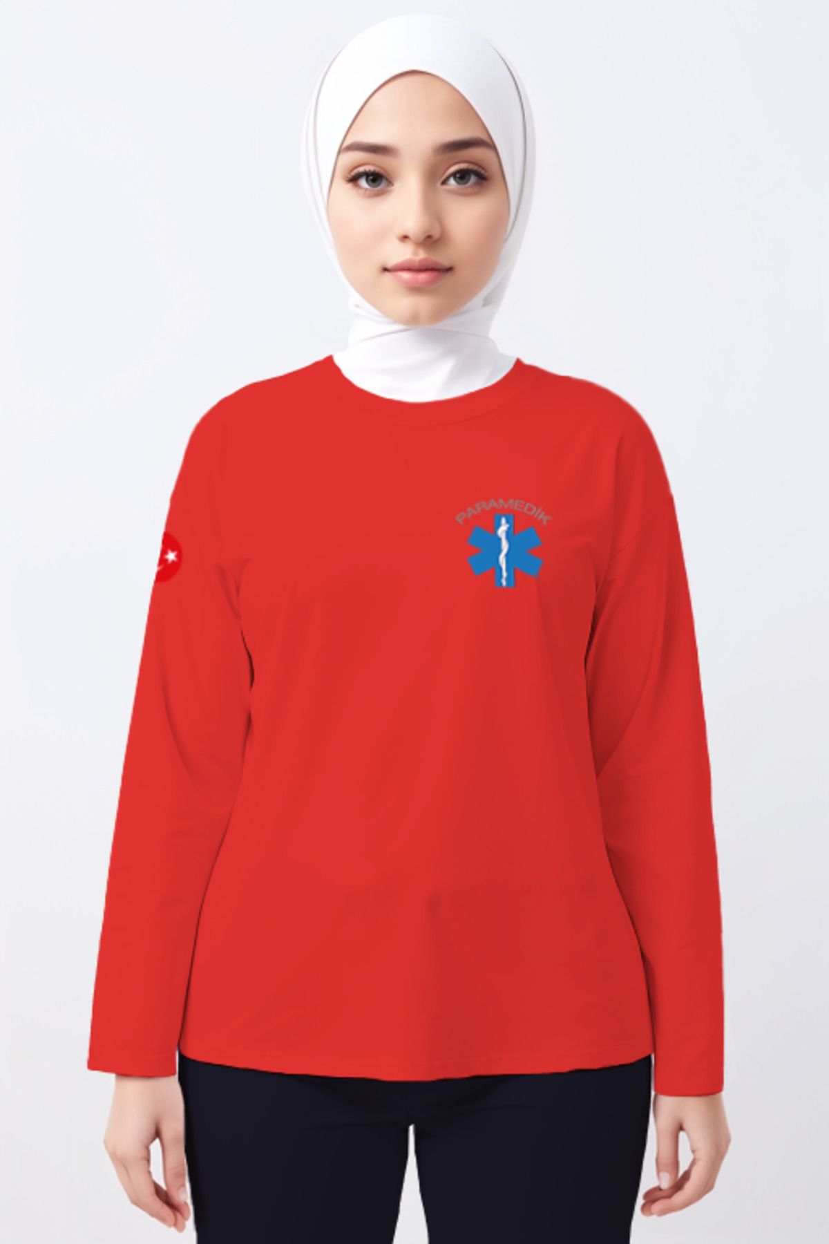 Pratik Medikal Kırmızı Paramedik Bisiklet Yaka Uzun Kollu Tişört Unisex