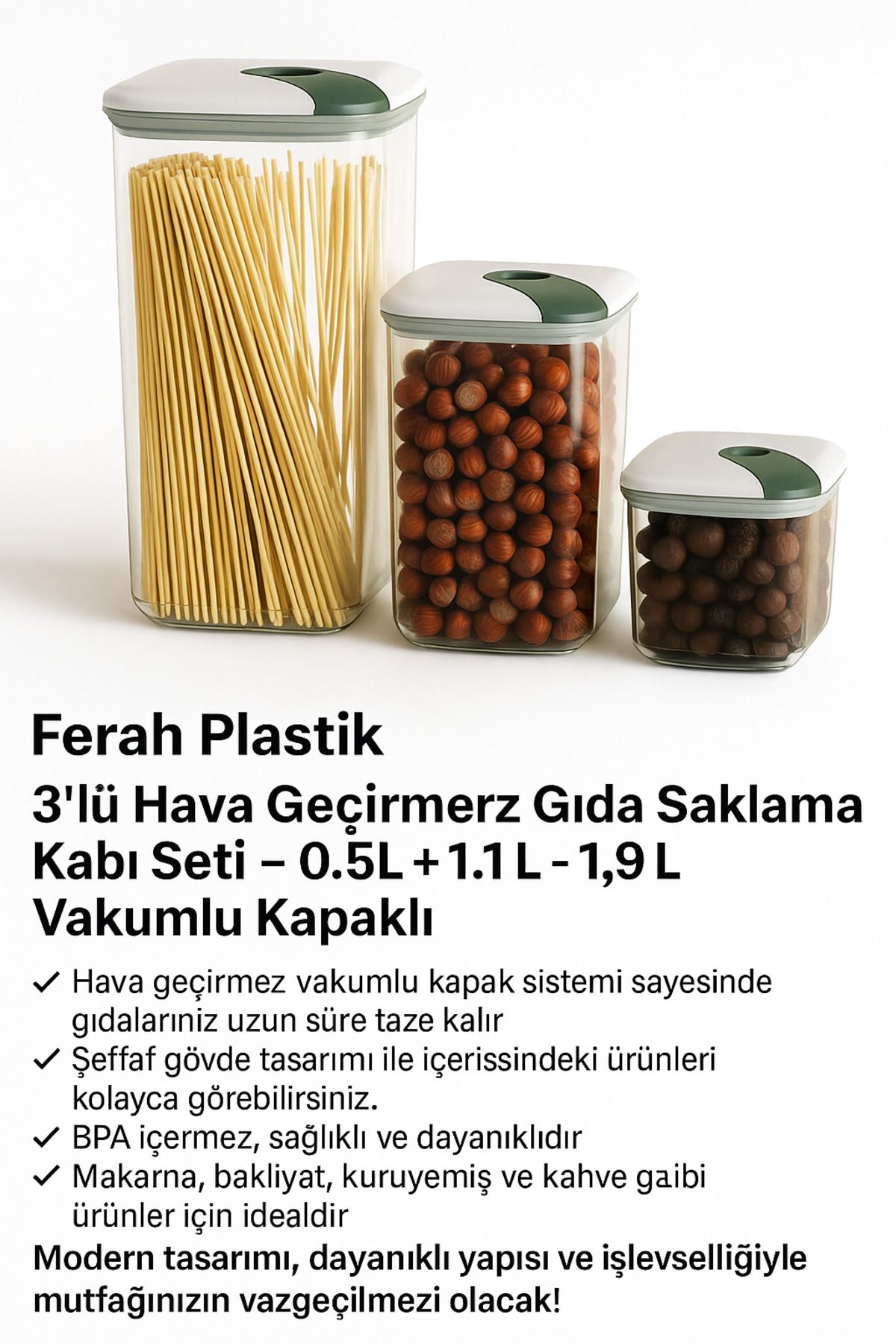 FERAH PLASTİK Ferah Plastik 3'lü Hava Geçirmez Gıda Saklama Kabı Seti – 0.5L + 1.1L + 1.9L - Vakumlu Kapaklı