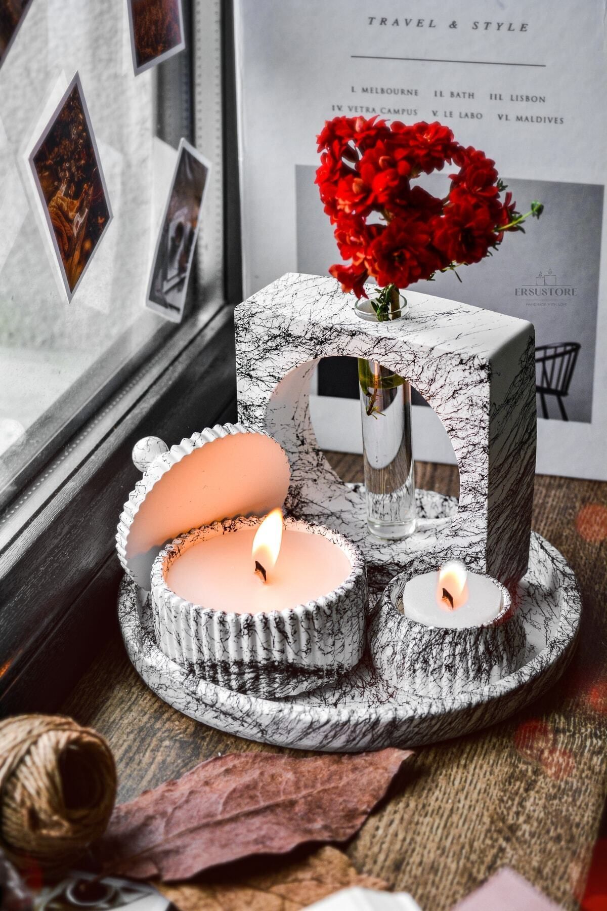 Elioure 5'li Mermer Desenli Beton Vazo ve Vanilya Kokulu Soya Wax Mum Takımı