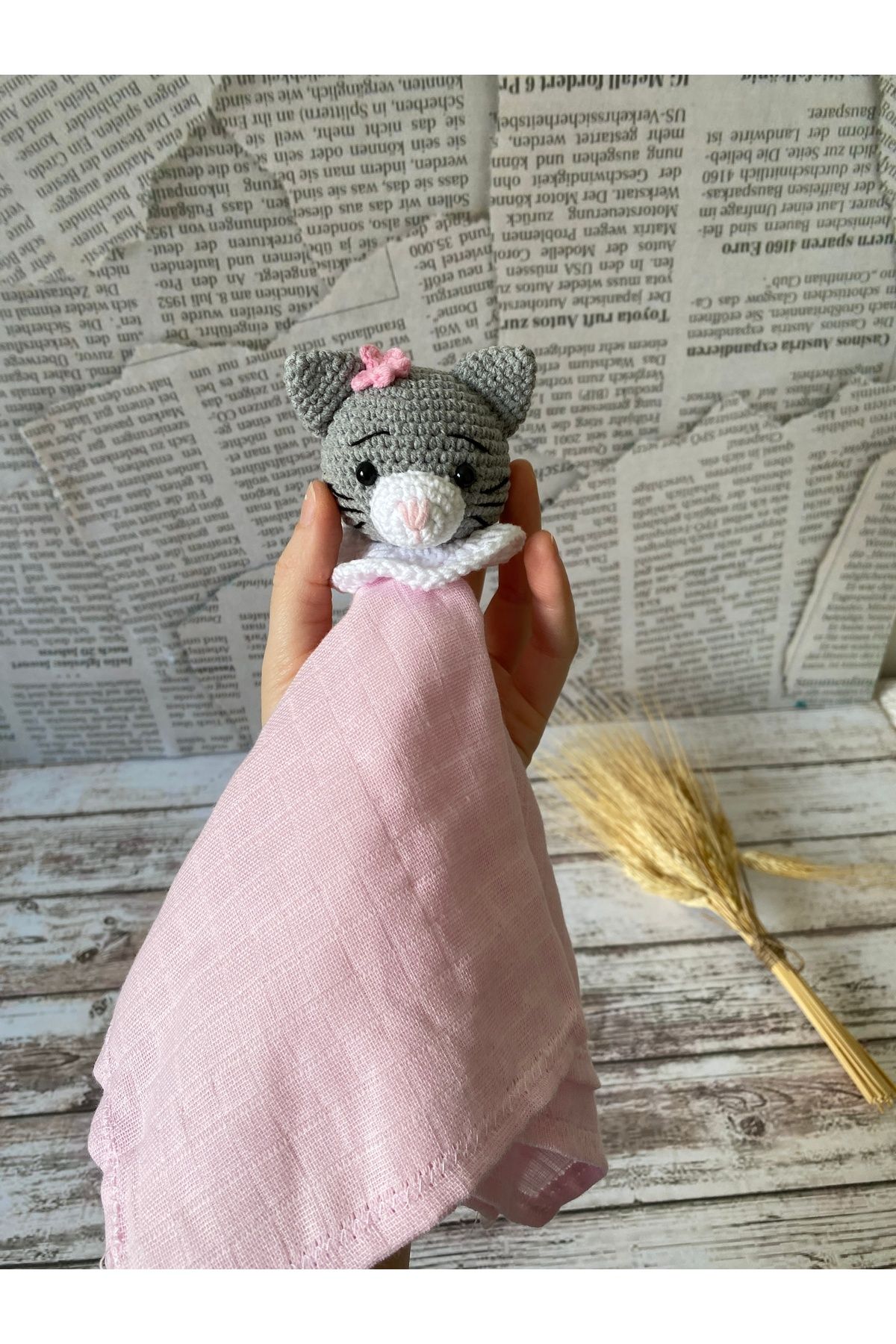 yucin El Örgüsü Kedi Figürlü pembe Bebek Uyku Arkadaşı Battaniye – Amigurumi Güvenli Oyuncak