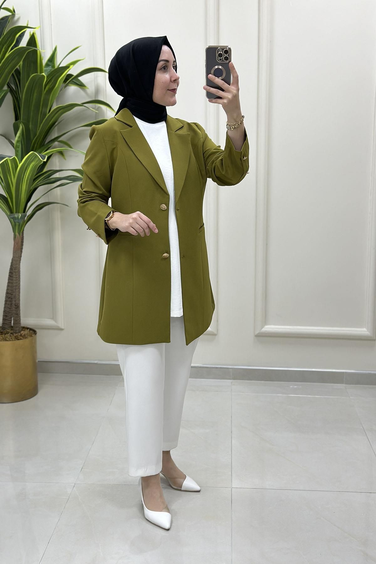 çınar özkan Kruvaze Yaka Kadın Blazer Ceket Yağ Yeşili CNR 2070