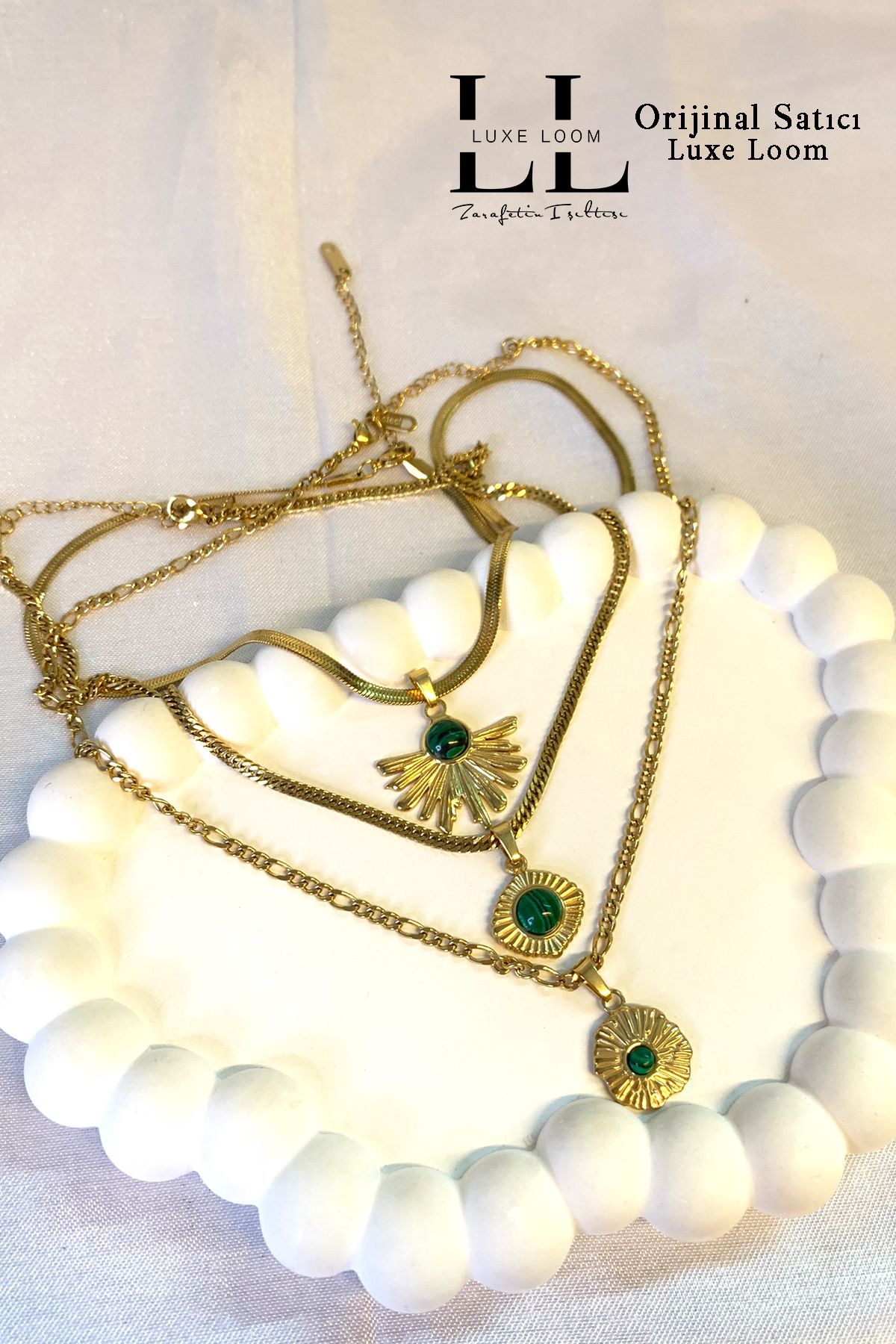 Luxe Loom Zarafetin Işıltısı Kadın Kararmayan Çelik Yeşil Taşlı 3lü Kolye Seti 001
