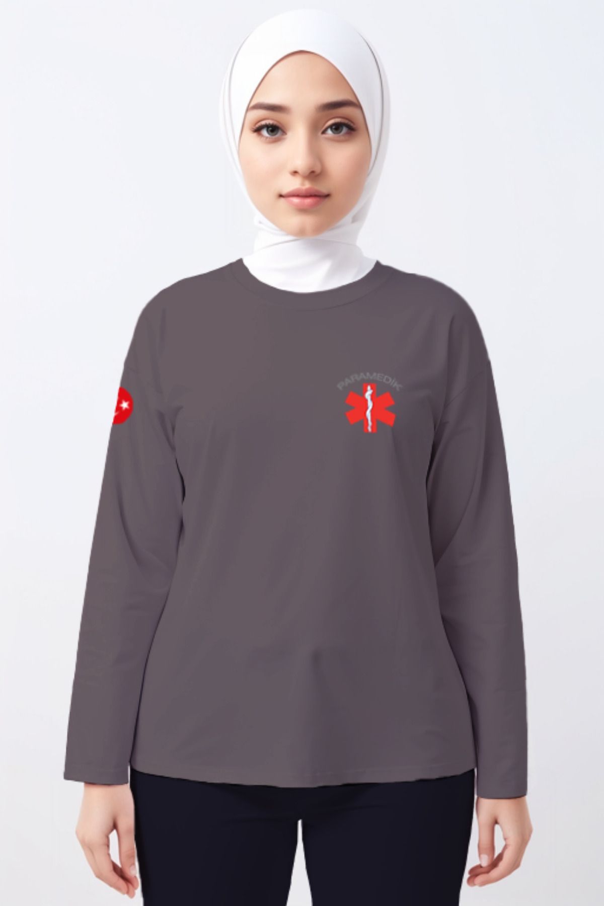Pratik Medikal Gri Paramedik Bisiklet Yaka Uzun Kollu Tişört Unisex