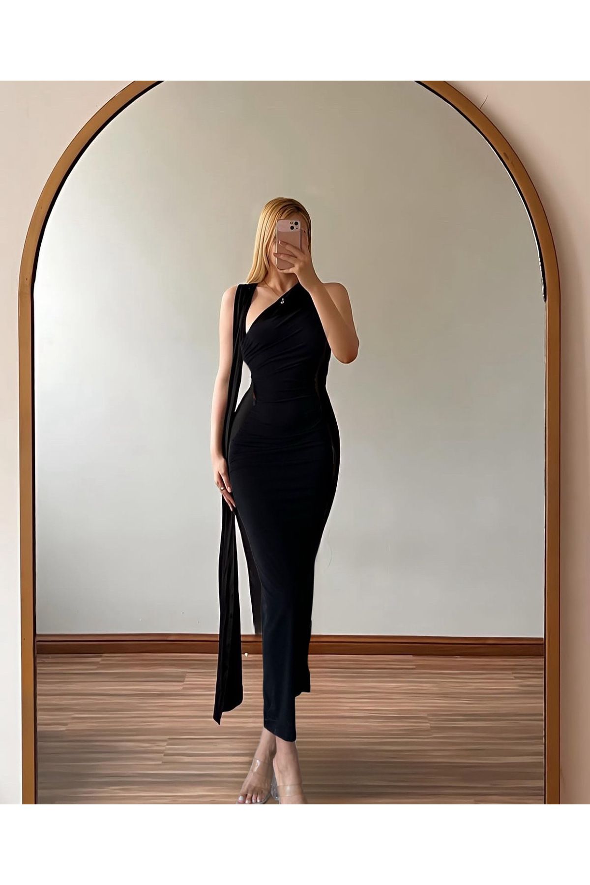 lesclees Fularlı Büzgülü Tek Omuz Midi Boy Candy Elbise