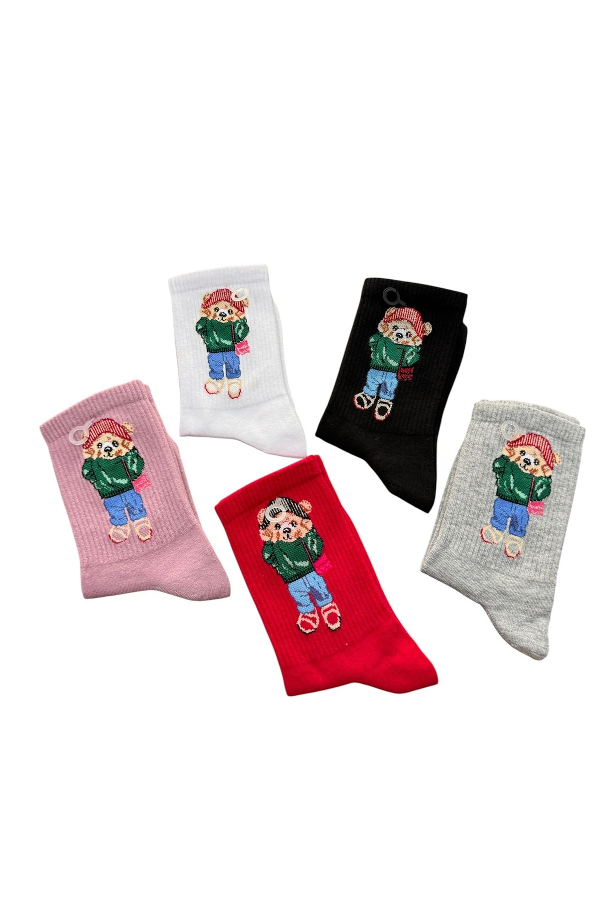 ENFAEL 5 çift orijinal penye unisex dikişsiz ayıcık desenli kolej çorap(yıkamalı)