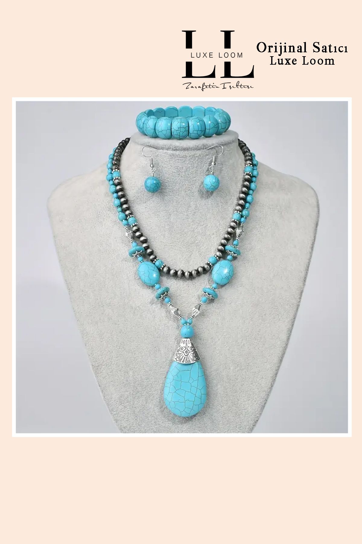 Luxe Loom Zarafetin Işıltısı Kadın Kararmayan Mavi Gri Taşlı Vintage Kolye Küpe Bileklik Seti 001