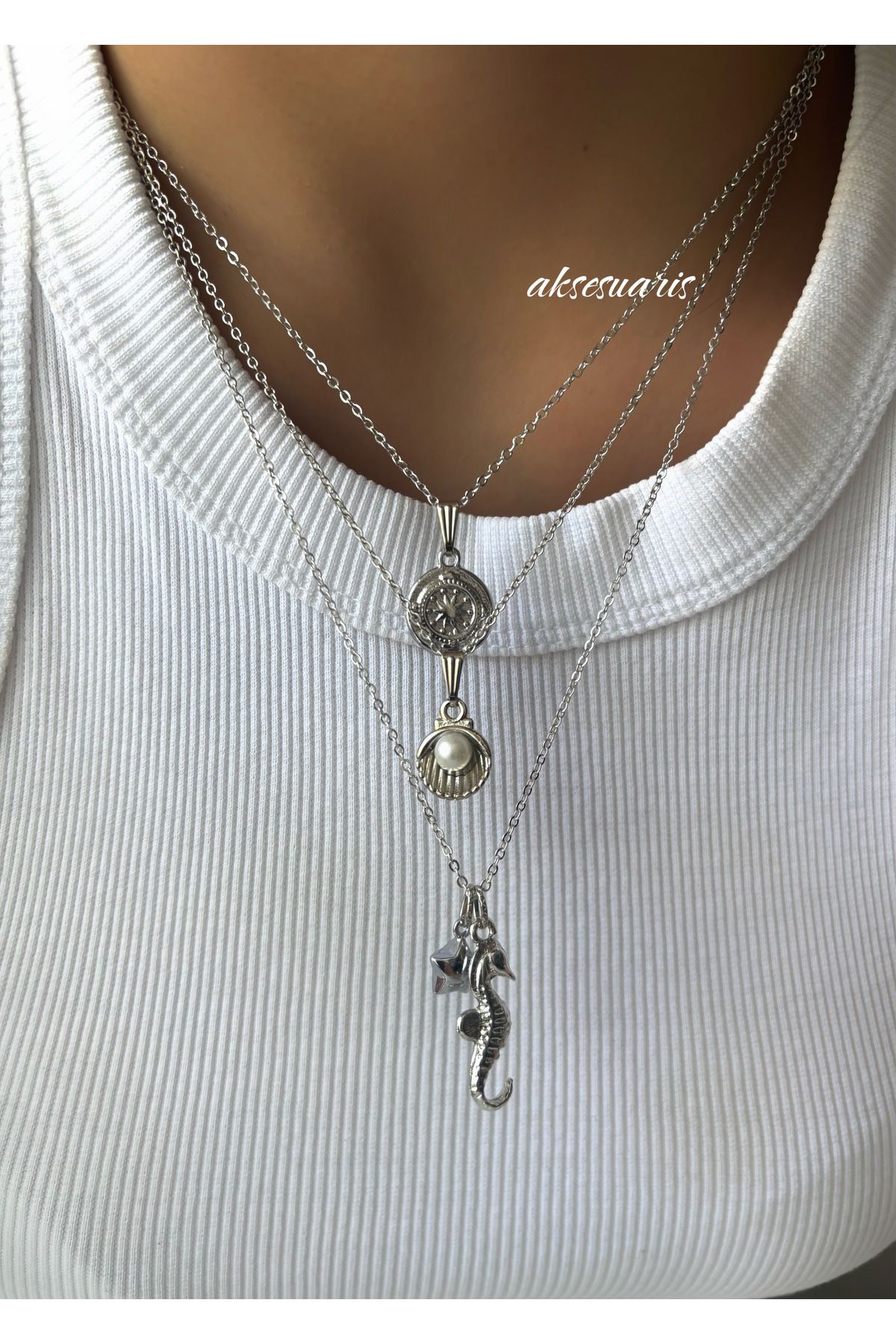 aksesuaris 3'lü Gümüş Yıldızlı Charm Deniz Kabuğu İncili Kolye Set Plaj Kombin