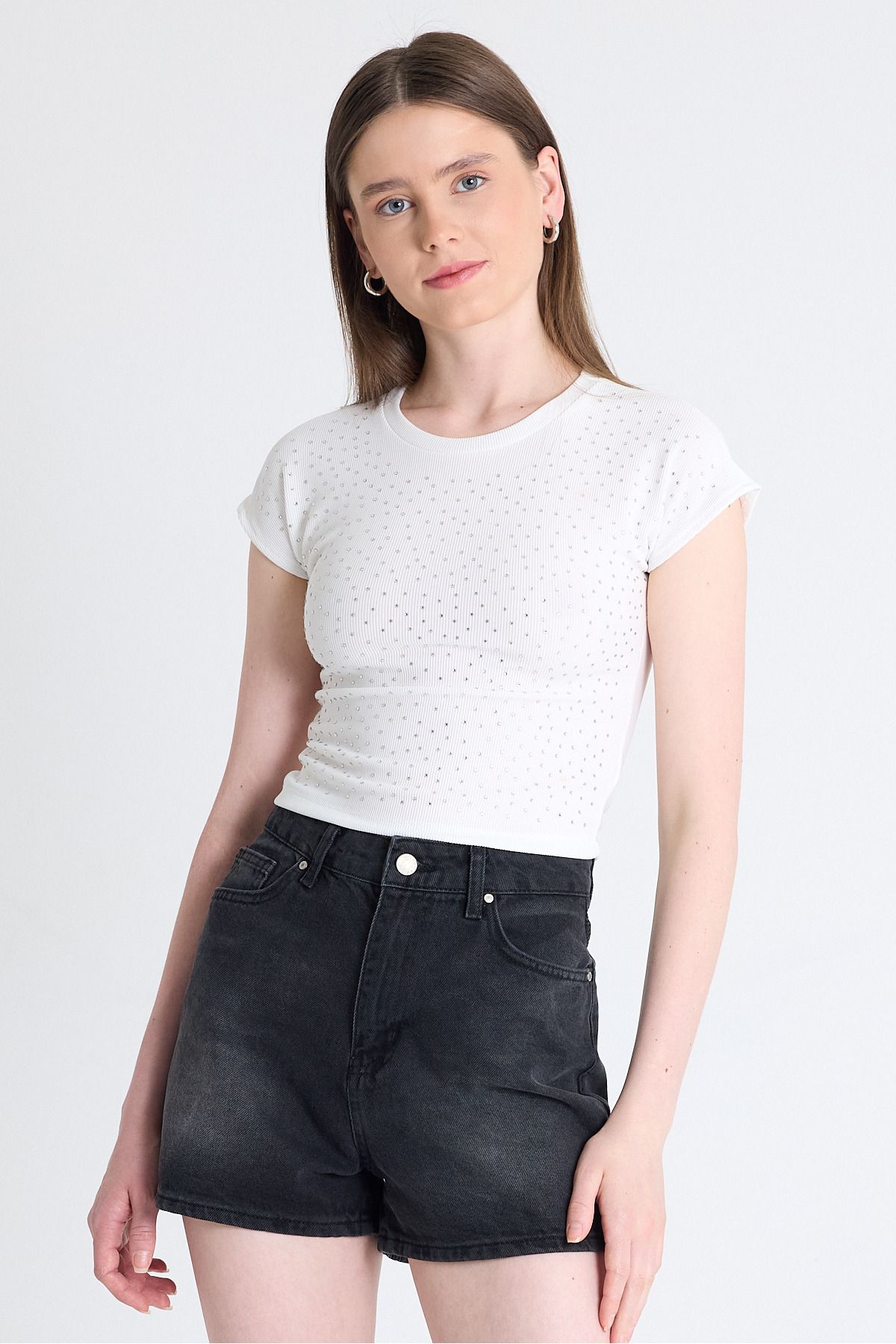 Rays Byeaz Taş Detaylı Slim Fit Crop Tişört 9207M