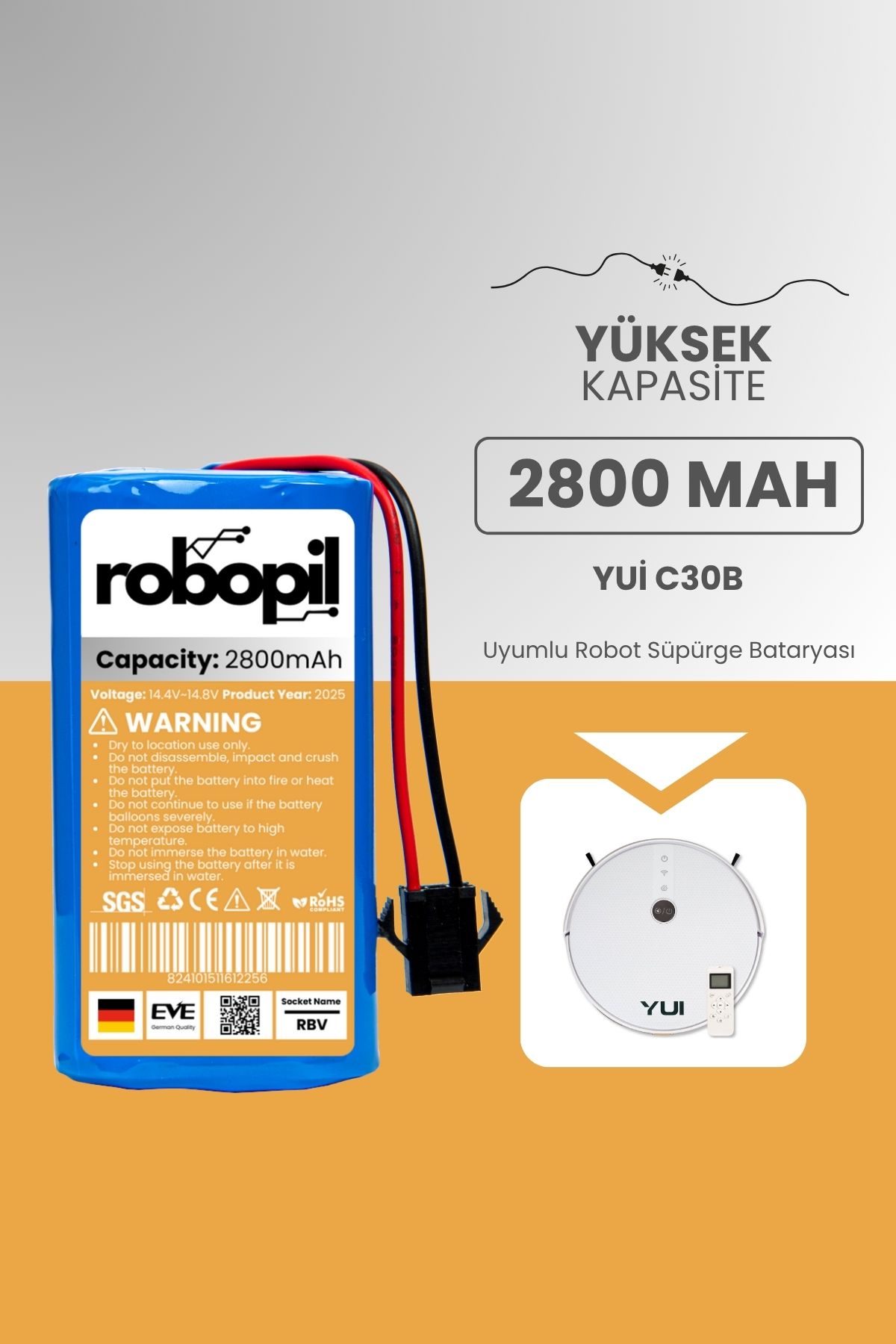 ROBOPİL Yui C30b Pil Batarya [Yüksek Kapasite] 2800mah Akıllı Robot Süpürge Bataryası Değişimi