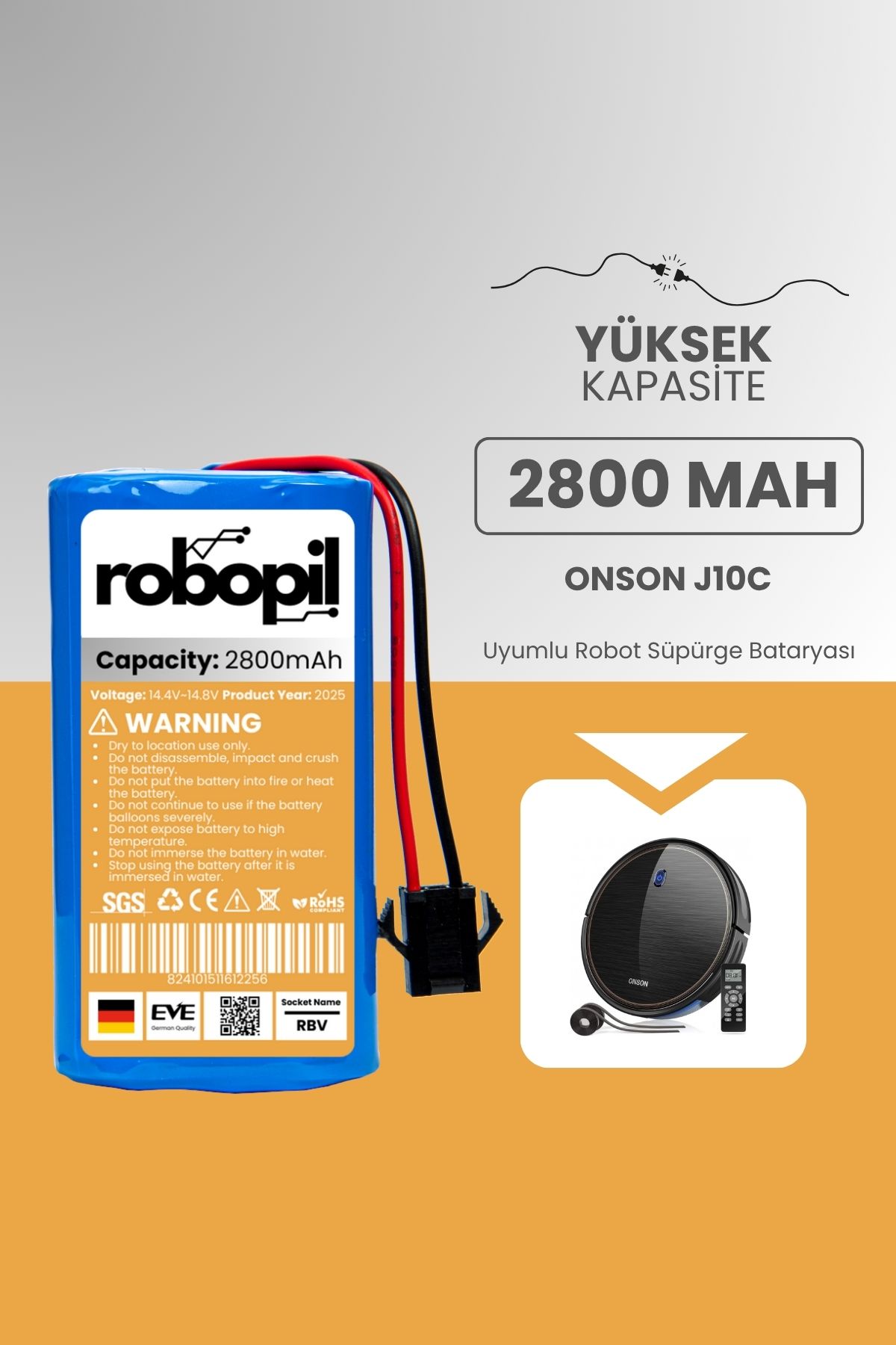 ROBOPİL Onson J10c Pil Batarya [Yüksek Kapasite] 2800mah Akıllı Robot Süpürge Bataryası Değişimi