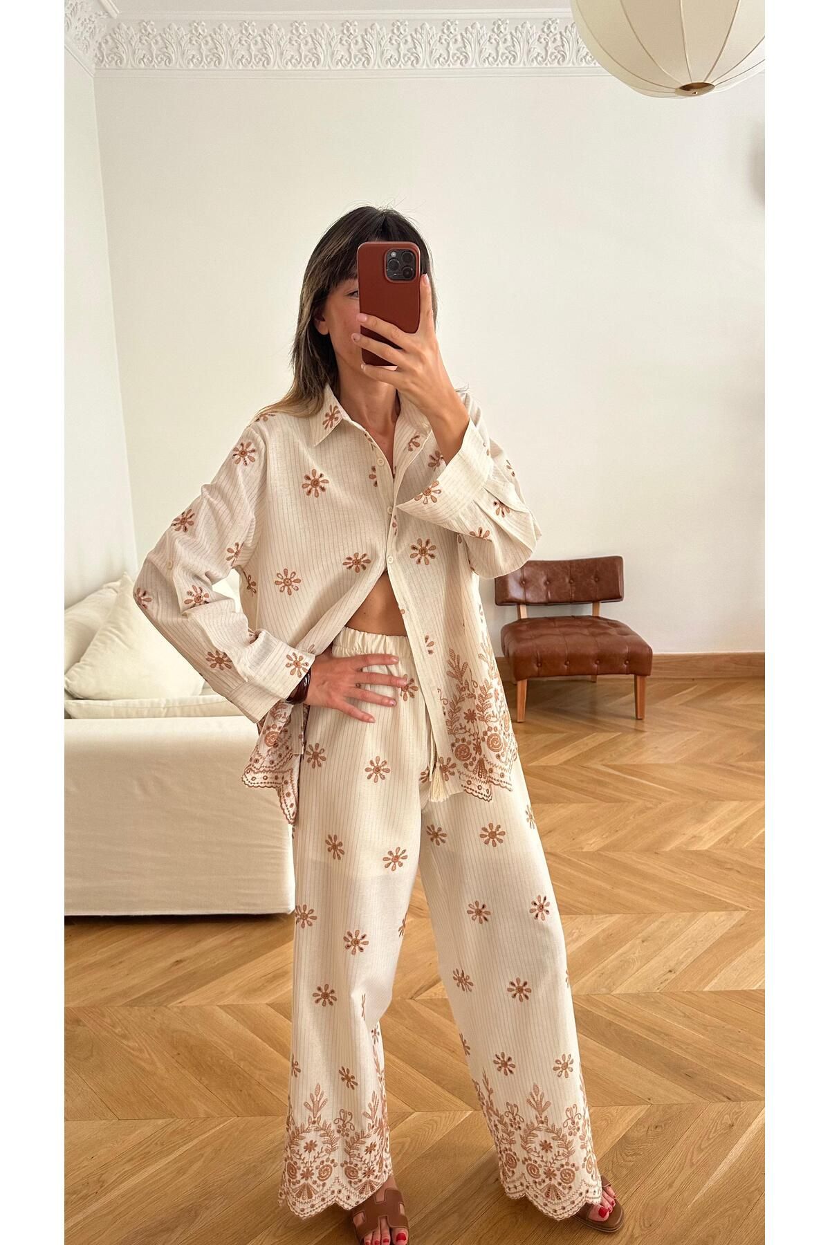 Askı Tekstil Taş Nakış Ve Sim Detaylı Gömlek Pantolon Takım